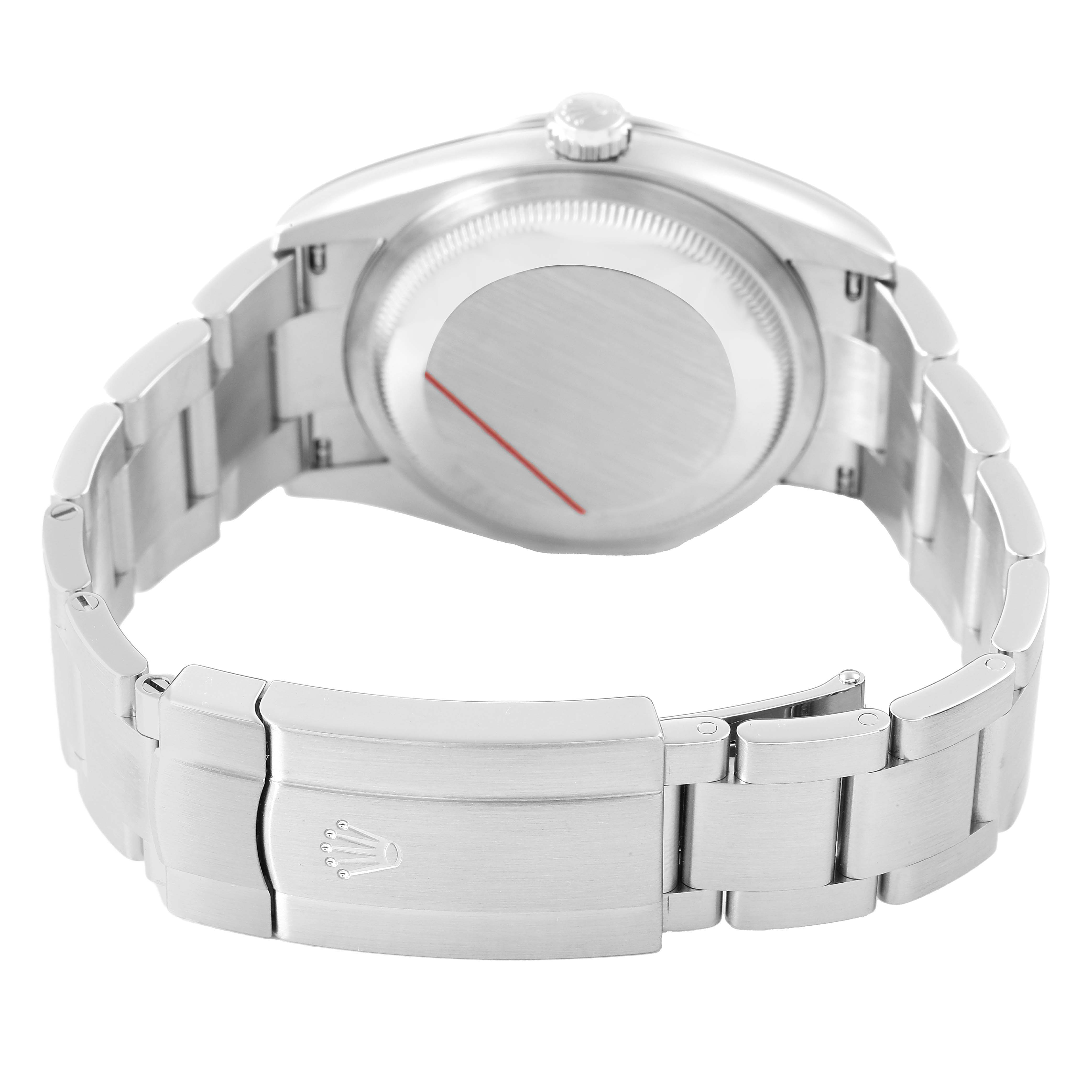 The image shows the back of an Oyster Perpetual watch by Rolex, featuring the clasp and bracelet.