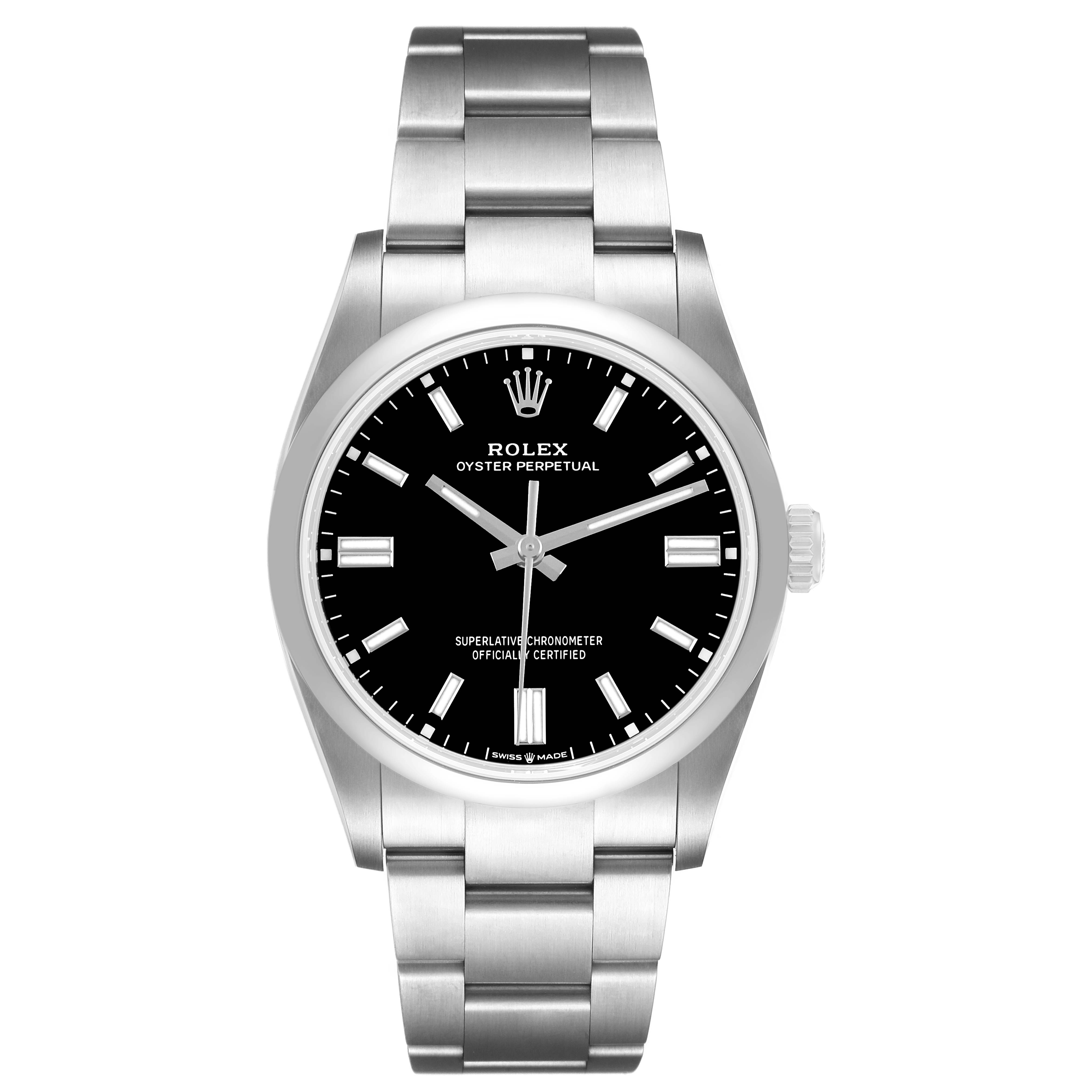 The Rolex Oyster Perpetual 126000 Men's Stainless Steel Black Dial watch is shown from the front, displaying the bracelet, dial, hands, and crown.