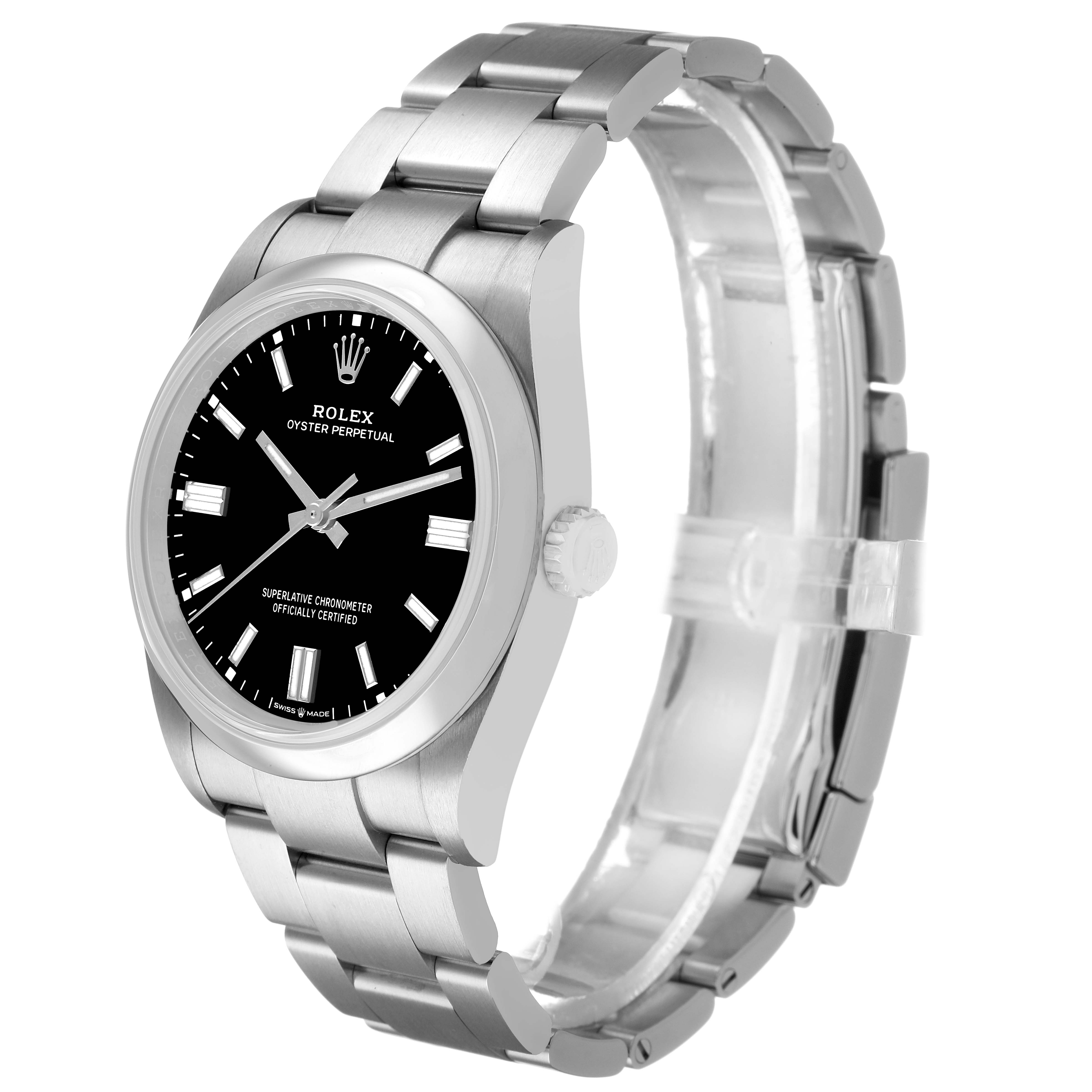 The Rolex Oyster Perpetual 126000 Men's Stainless Steel Black Dial watch is shown at a slight angle, displaying the face, bezel, and part of the bracelet.