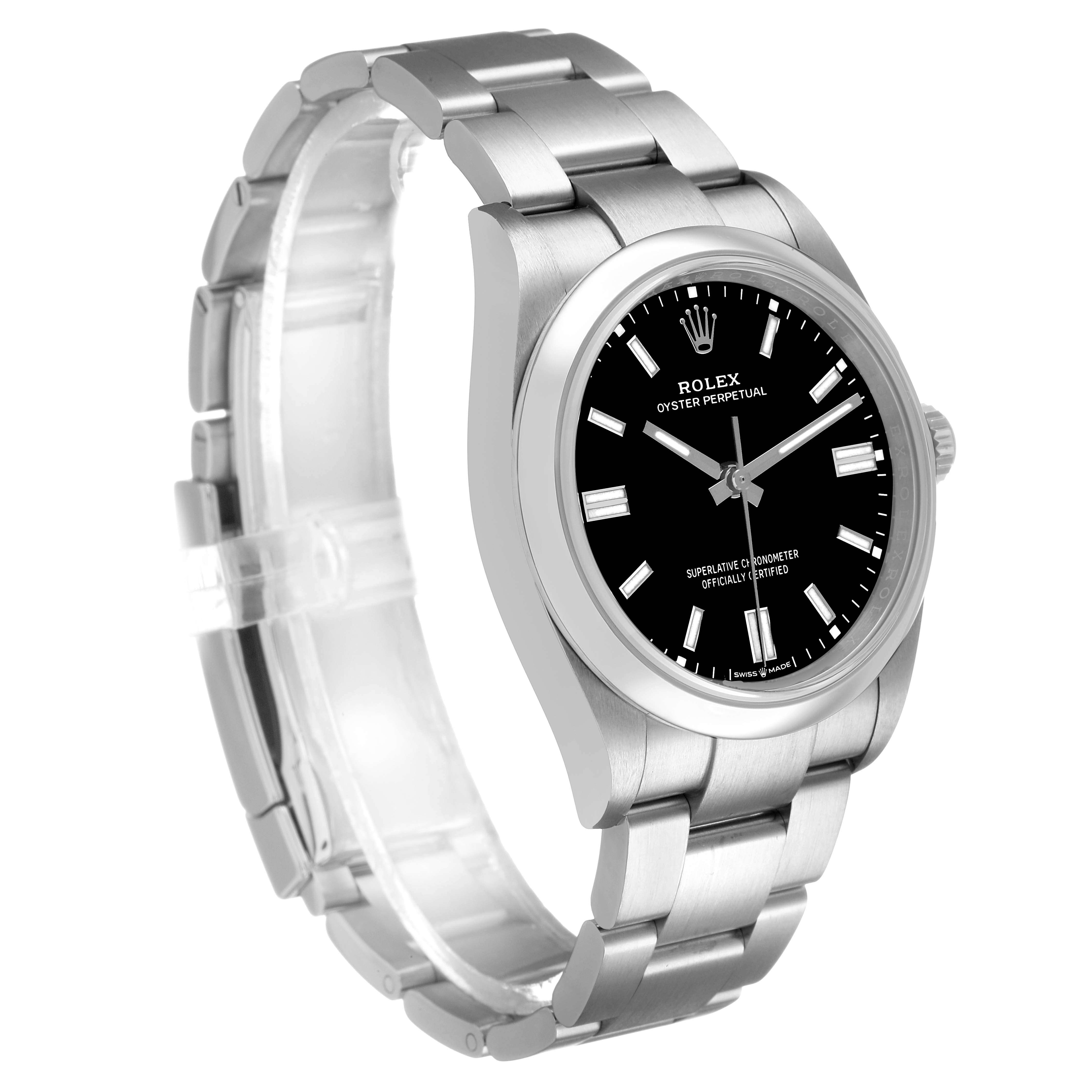 The Rolex Oyster Perpetual 126000 Men's Stainless Steel Black Dial watch is shown at a three-quarter angle, highlighting the bracelet, case, and dial.