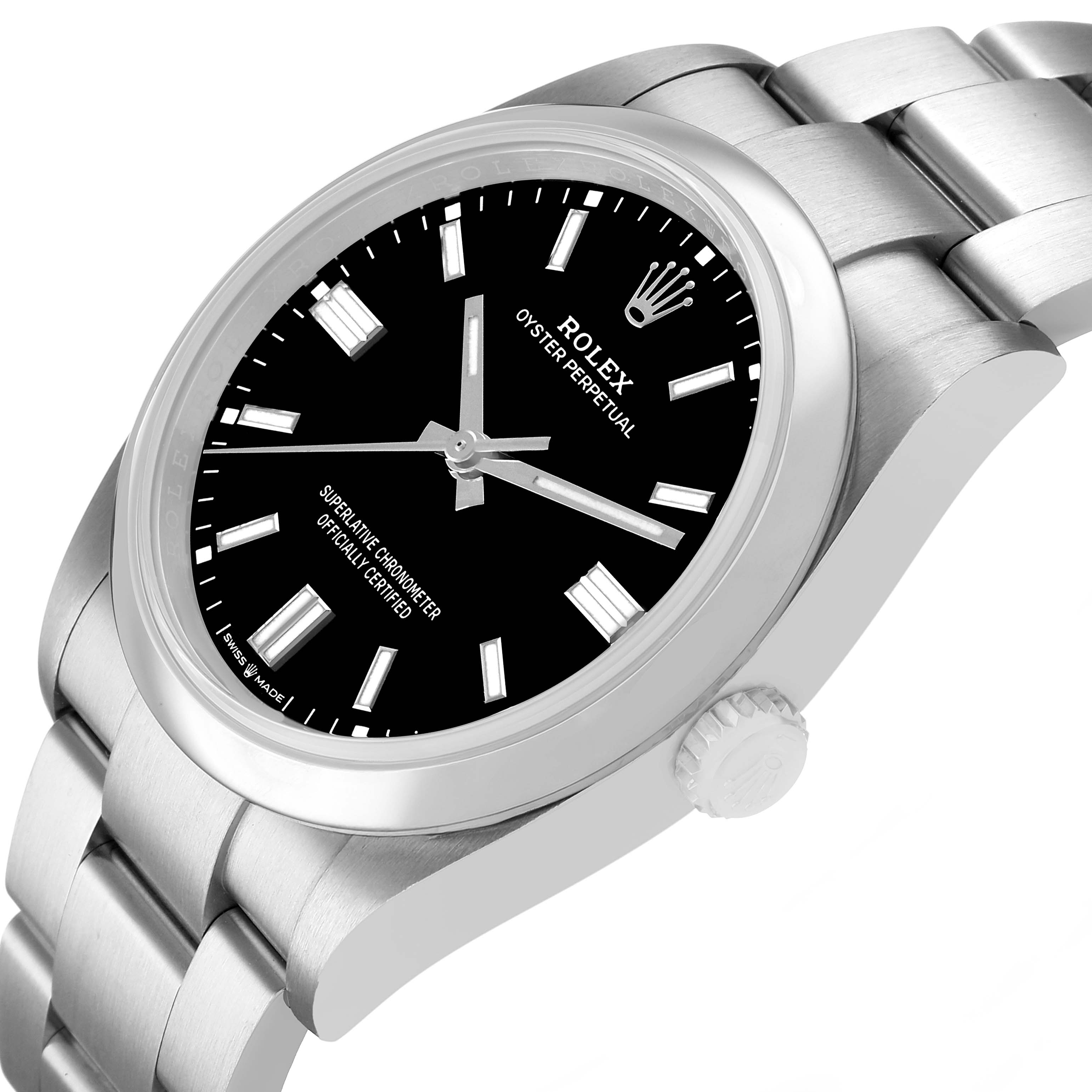 The image shows a side angle of the Rolex Oyster Perpetual 126000 Men's Stainless Steel Black Dial watch, highlighting the face, bezel, crown, and bracelet.
