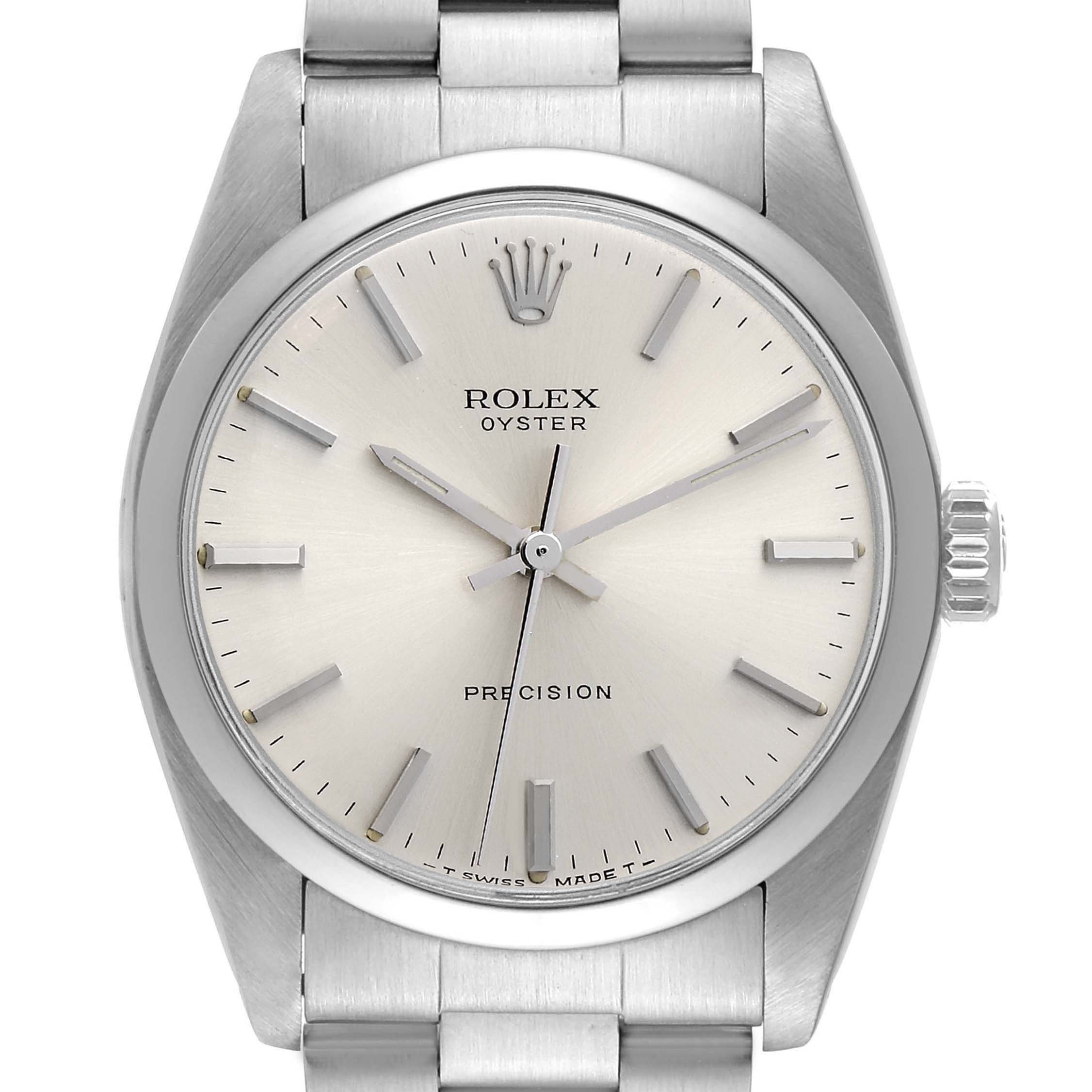 This image shows a front view of the Rolex Vintage Collection 6426 Men's Stainless Steel Silver Dial 6426 Men's Stainless Steel Silver Dial Oyster Precision watch, including the dial, case, crown, and bracelet.
