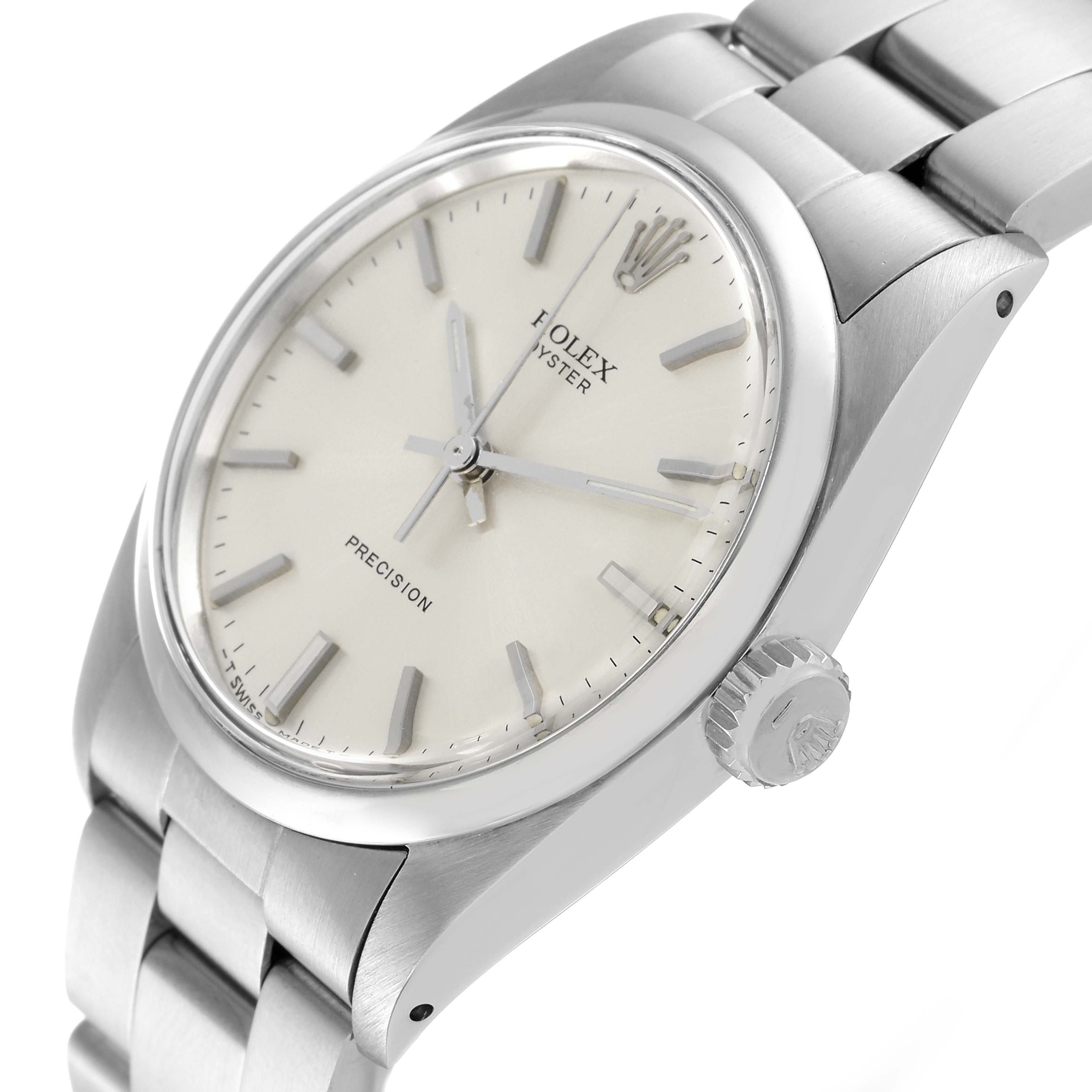 The Rolex Vintage Collection 6426 Men's Stainless Steel Silver Dial 6426 Men's Stainless Steel Silver Dial watch is shown from an angled side view highlighting its dial, case, crown, and part of the bracelet.