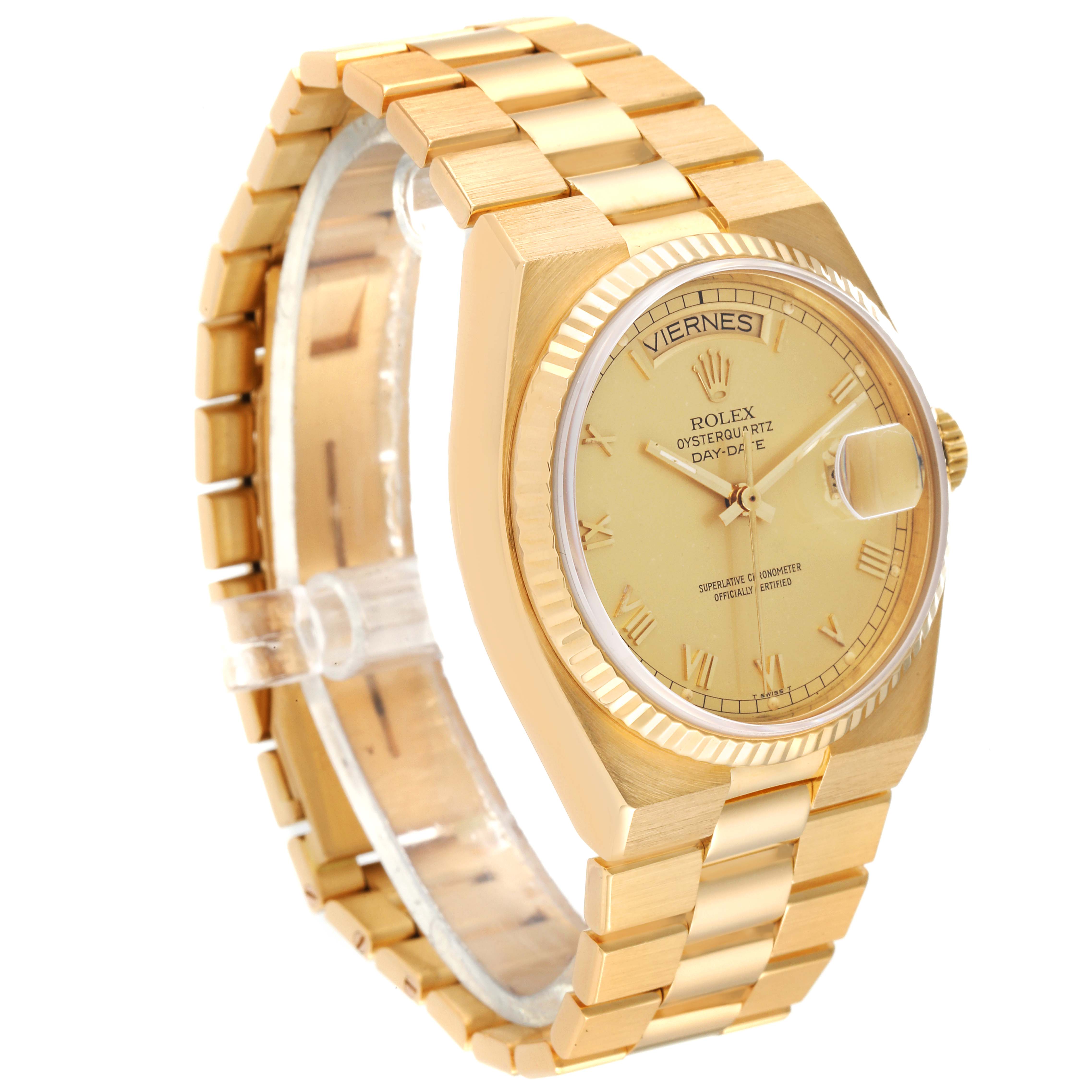 The image shows a side angle of a Rolex Oysterquartz 19018 Men's Yellow Gold Champagne Dial 19018 Men's Yellow Gold Champagne Dial watch, highlighting its gold bracelet, face, and crown.