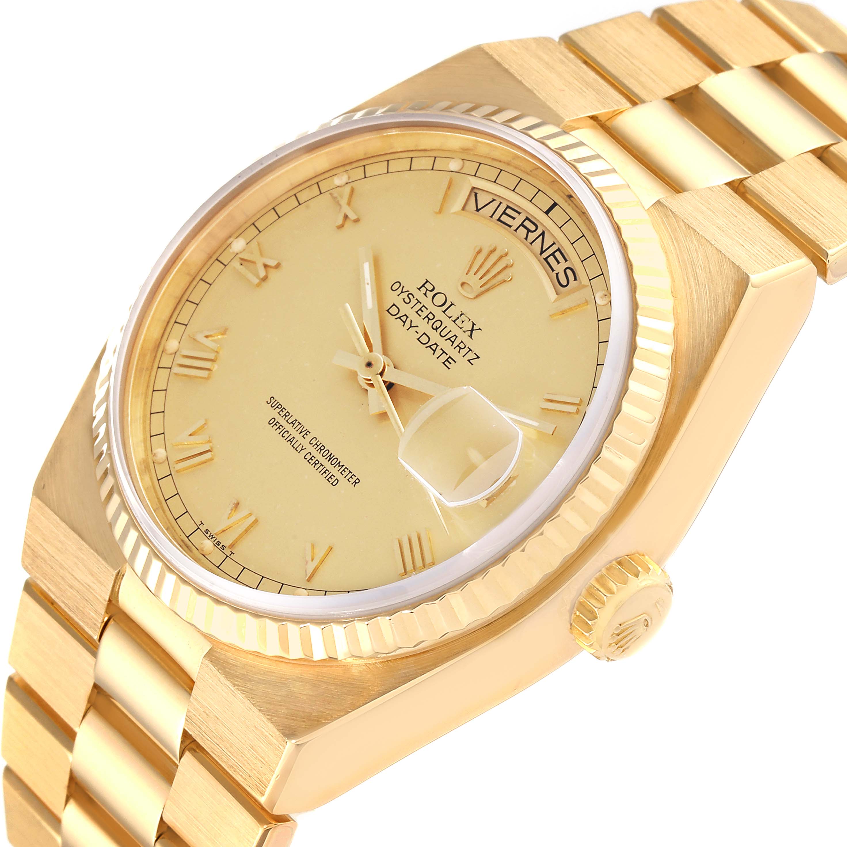 The image shows a Rolex Oysterquartz 19018 Men's Yellow Gold Champagne Dial 19018 Men's Yellow Gold Champagne Dial Day-Date watch from an angled top view, highlighting the dial, case, and bracelet.