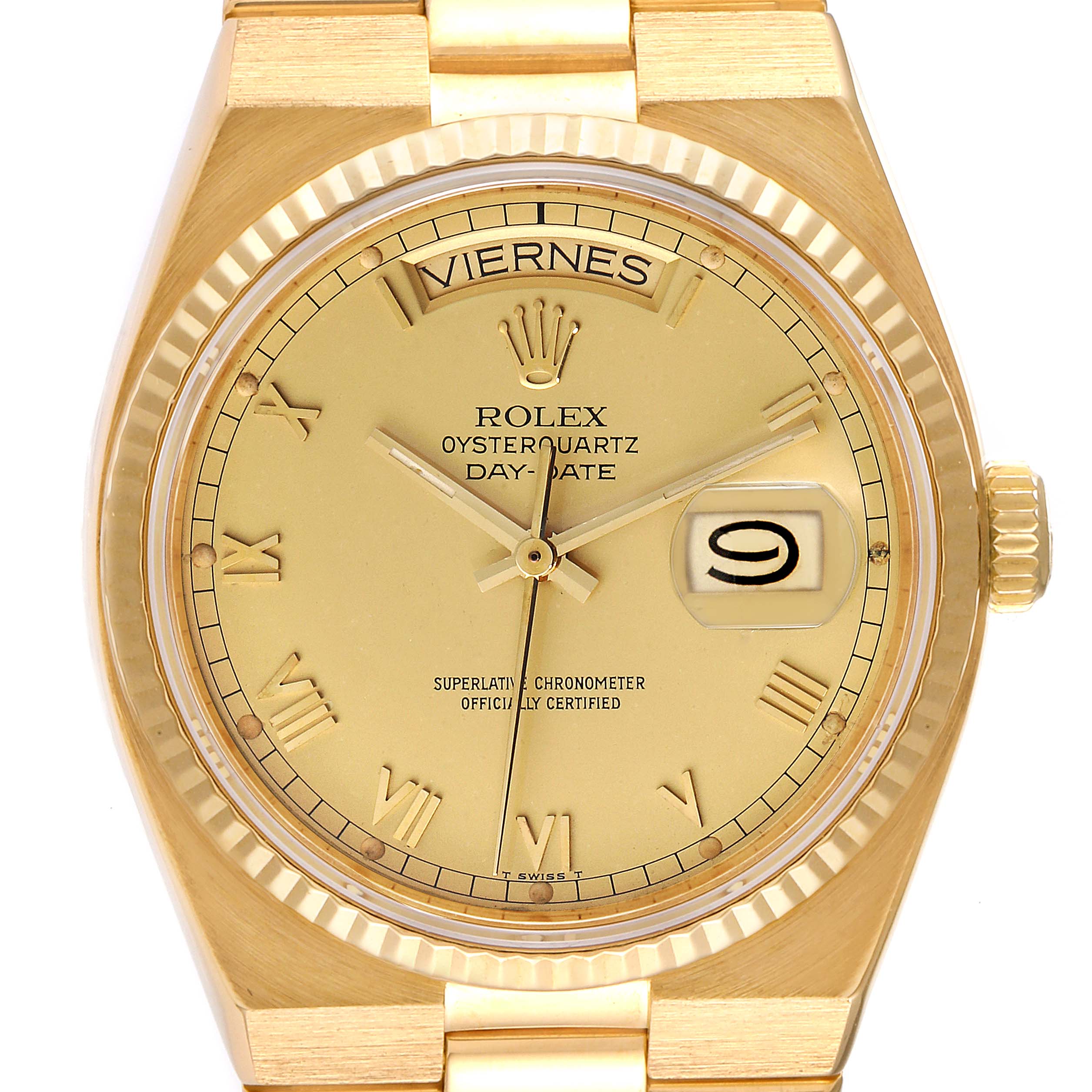 This Rolex Oysterquartz 19018 Men's Yellow Gold Champagne Dial 19018 Men's Yellow Gold Champagne Dial watch is shown from a top view, highlighting its face, bezel, crown, and part of the bracelet.