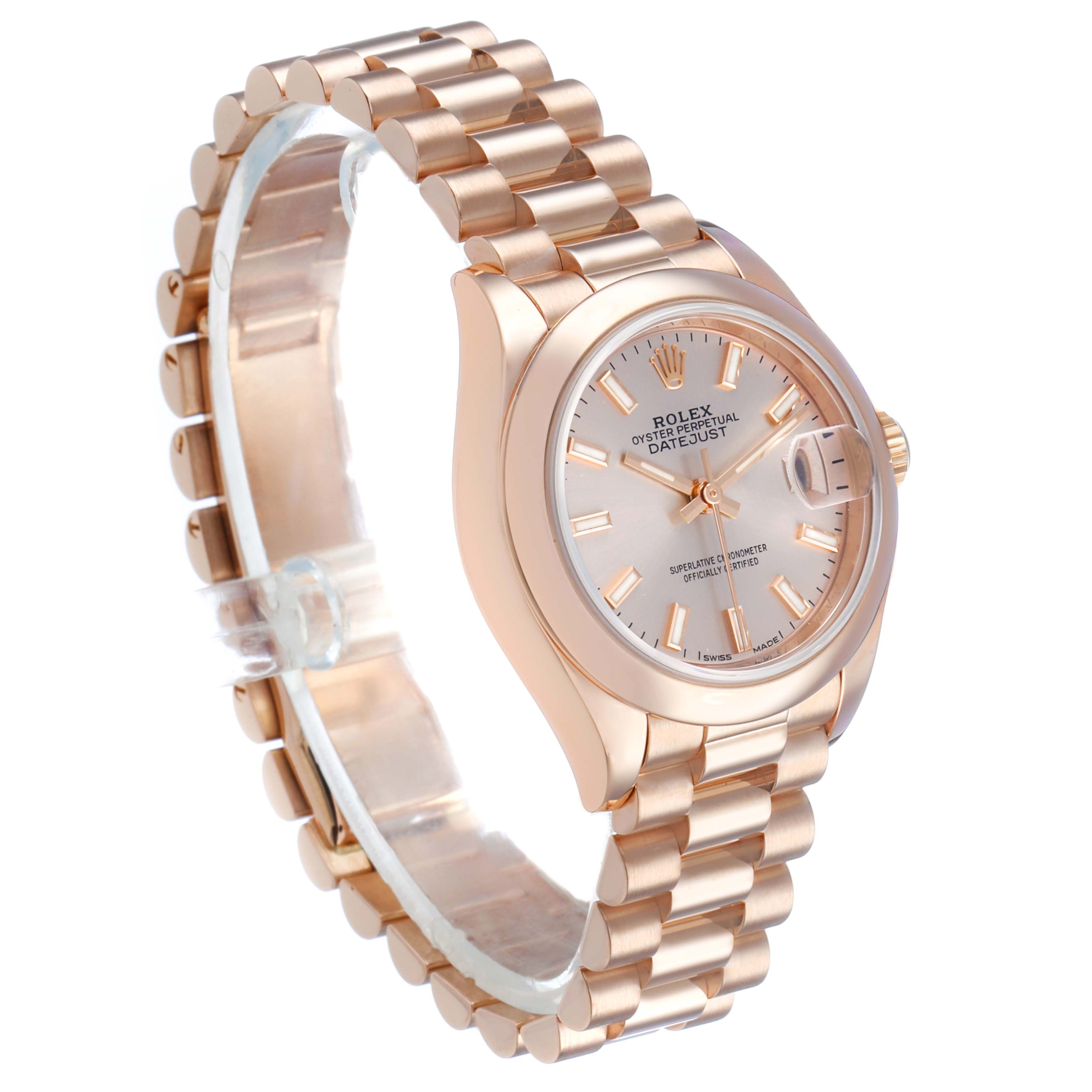 The Rolex President 279165 Women's Rose Gold Pink Dial model is shown at a three-quarter angle, highlighting the face, bracelet, and crown.