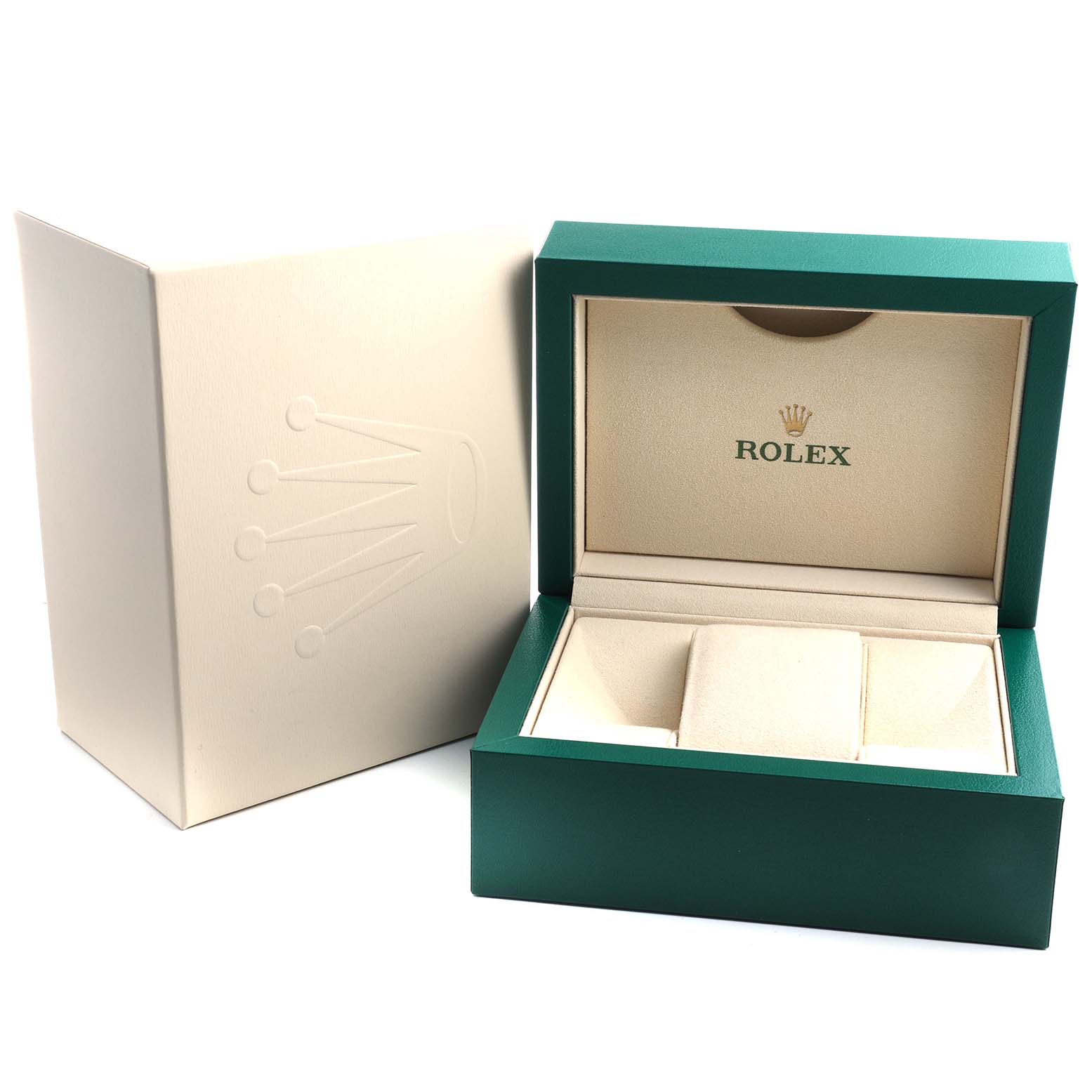 The image shows an open Rolex President 279165 Women's Rose Gold Pink Dial model watch box with a green and beige color scheme, alongside its outer cover.