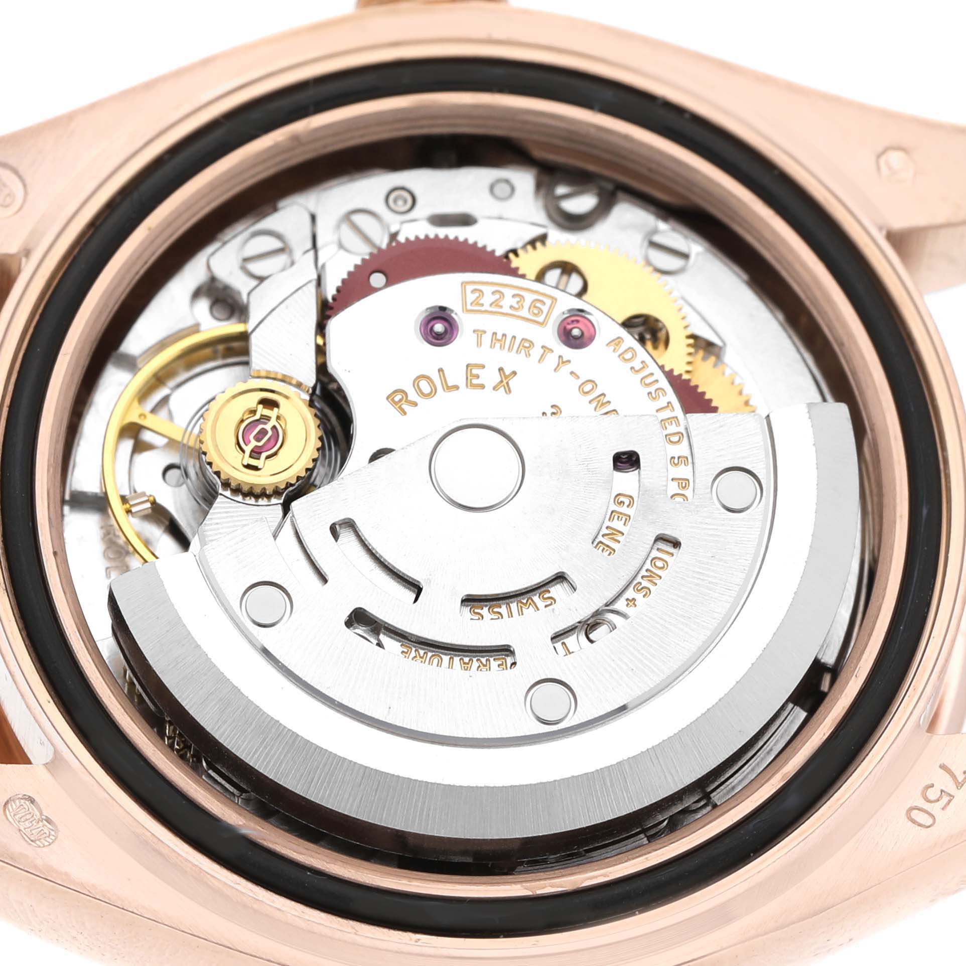 The image shows the movement and internal mechanics of a Rolex President 279165 Women's Rose Gold Pink Dial watch, viewed from the back.