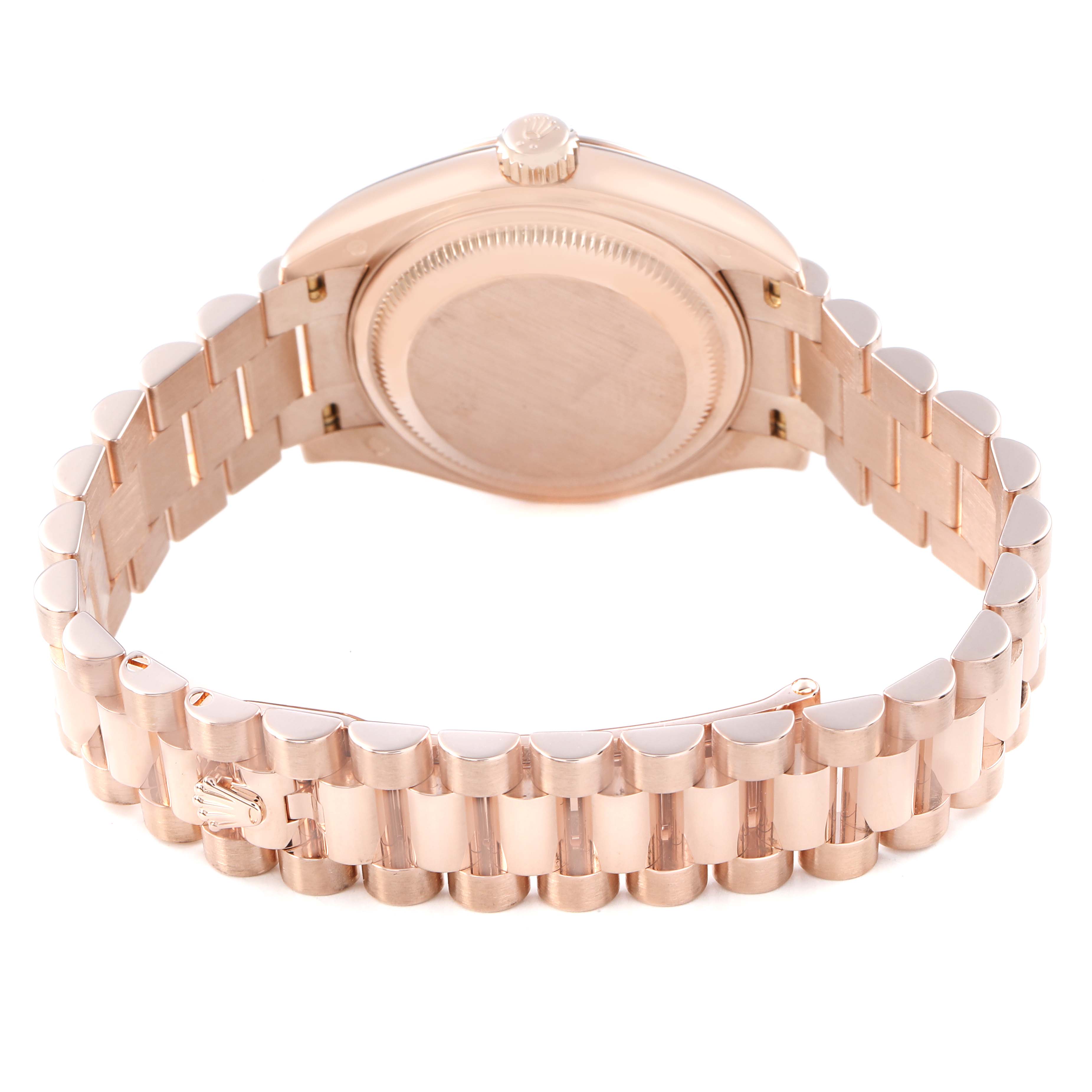 The image shows the back and bracelet of a Rolex President 279165 Women's Rose Gold Pink Dial model, highlighting its rose gold finish and clasp.