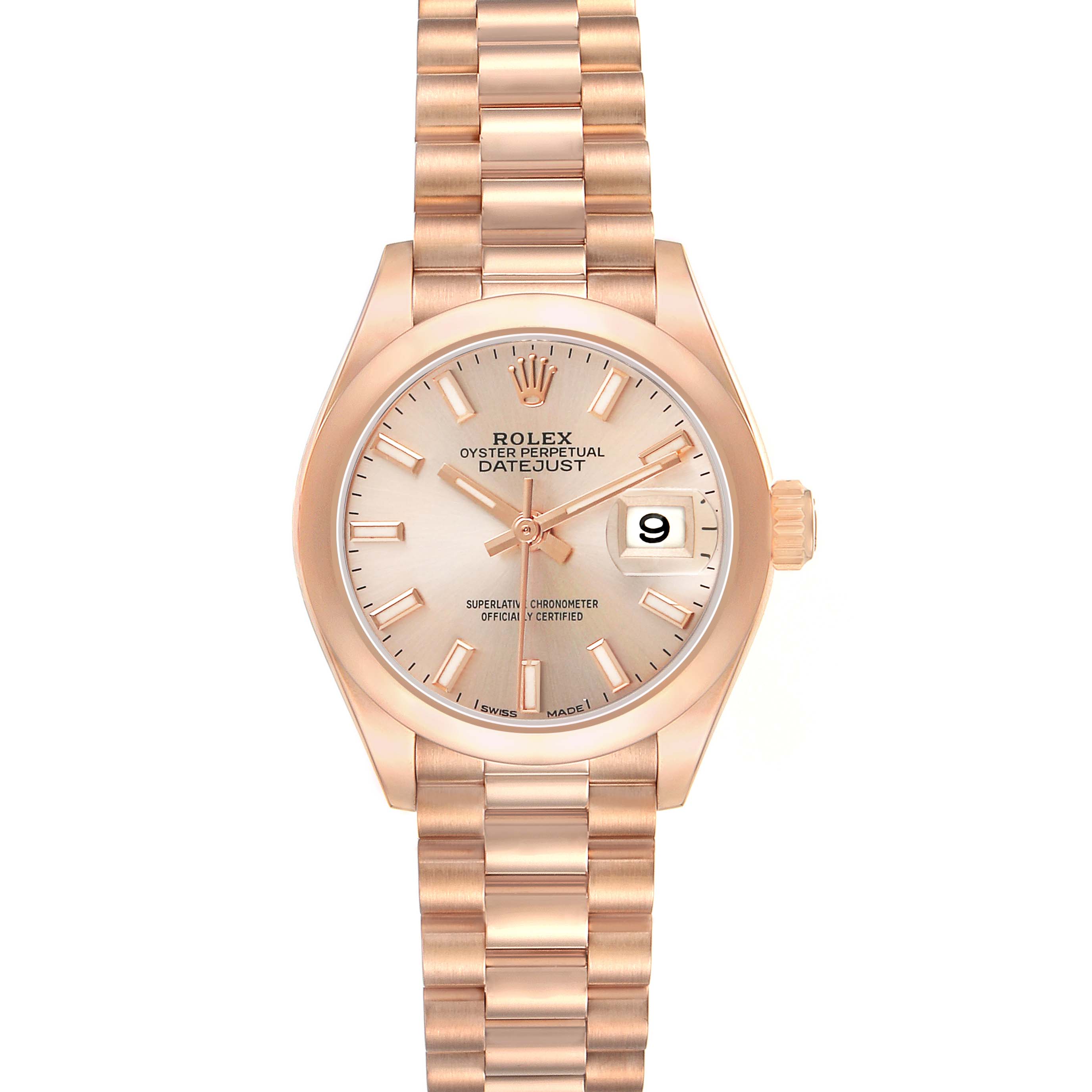The Rolex President 279165 Women's Rose Gold Pink Dial model is shown from a front angle, highlighting the dial, bracelet, and date window.