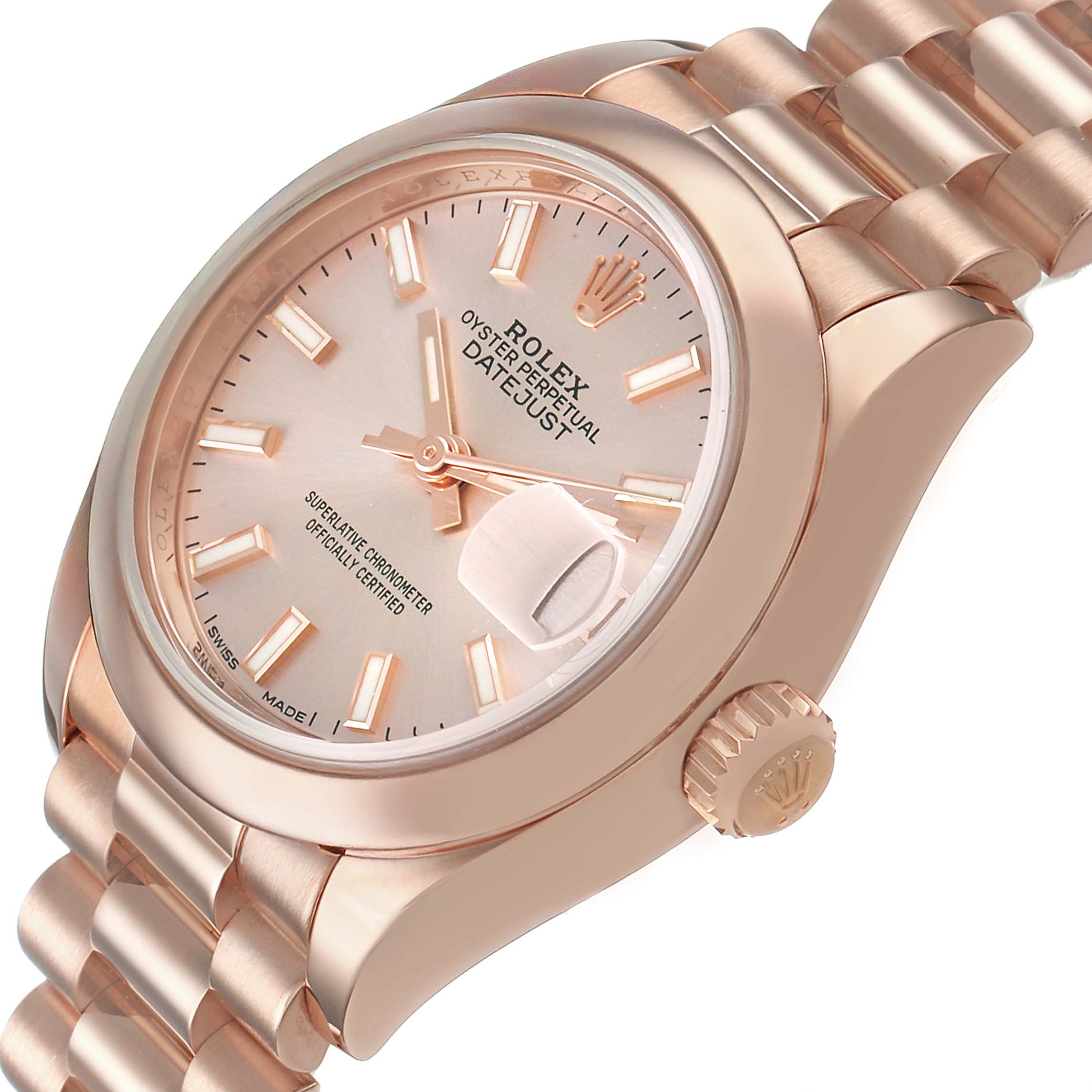 The Rolex President 279165 Women's Rose Gold Pink Dial watch is shown at an angle highlighting the face, bezel, crown, and part of the bracelet.