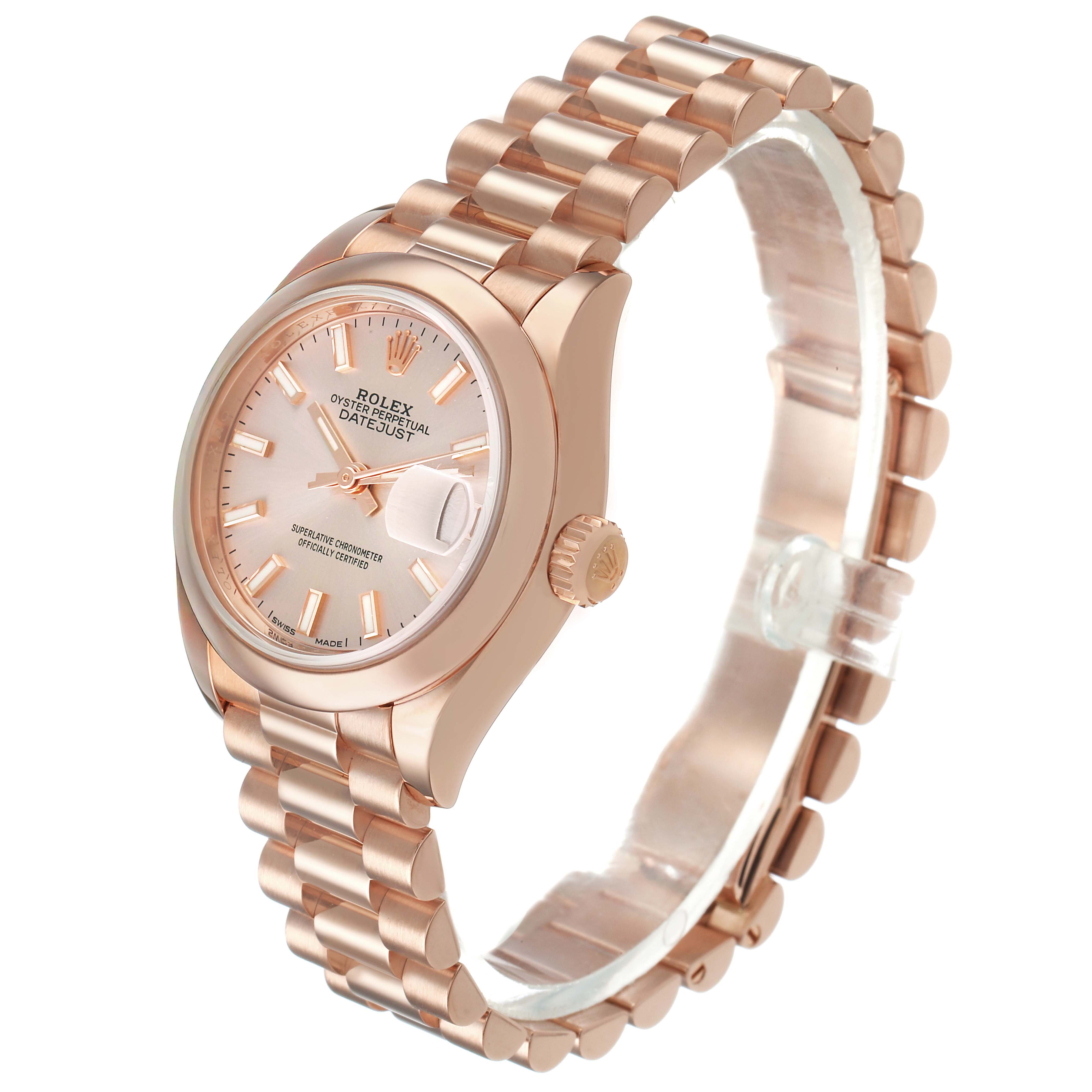 The Rolex President 279165 Women's Rose Gold Pink Dial watch is shown at a slight angle, highlighting its rose gold case, bracelet, crown, and dial.