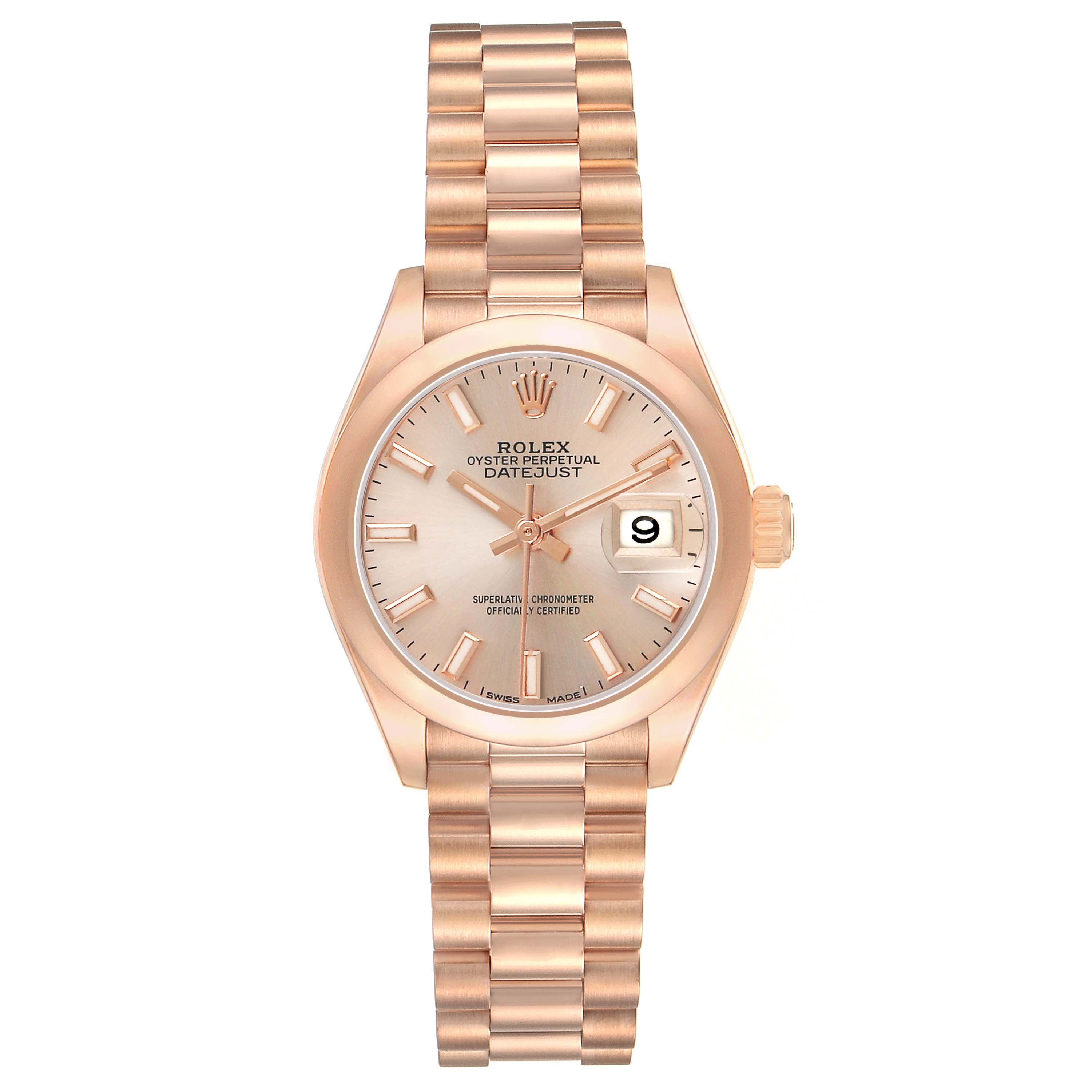 The Rolex President 279165 Women's Rose Gold Pink Dial watch is shown from a front angle, displaying the dial, hands, bezel, bracelet, and date feature.