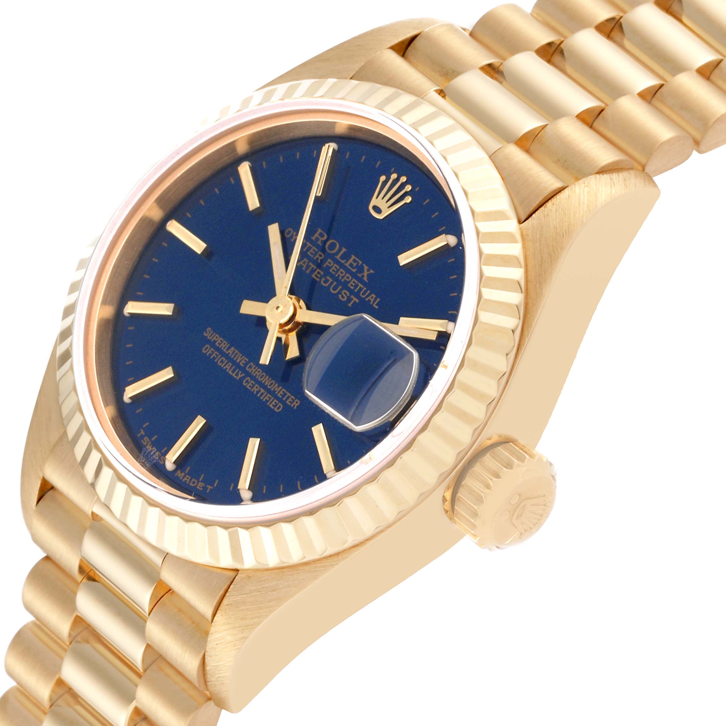The image shows a close-up, angled view of a Rolex President 79178 Women's Yellow Gold Blue Dial 79178 Women's Yellow Gold Blue Dial model watch, highlighting the dial, bezel, bracelet, and crown.