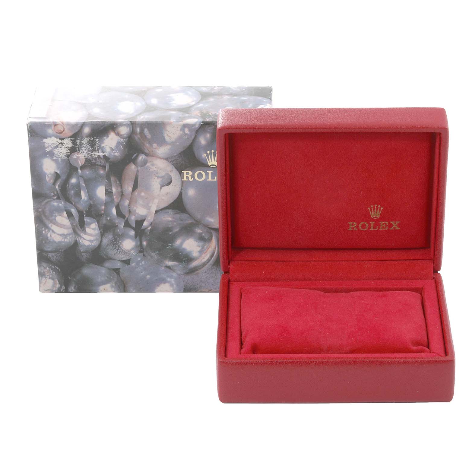 The image shows an open red Rolex box with a cushion and a decorative outer box for the Rolex President 79178 Women's Yellow Gold Blue Dial 79178 Women's Yellow Gold Blue Dial model.