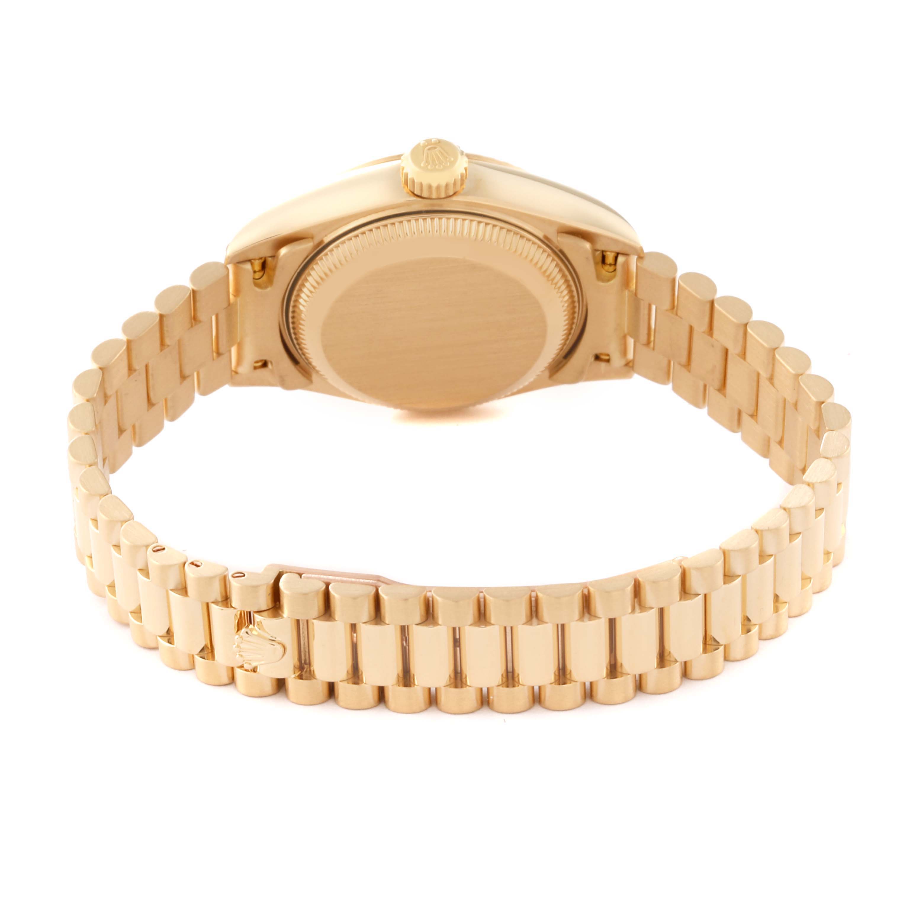 This image displays the back view of a Rolex President 79178 Women's Yellow Gold Blue Dial 79178 Women's Yellow Gold Blue Dial model watch, highlighting its clasp, bracelet, and case back.