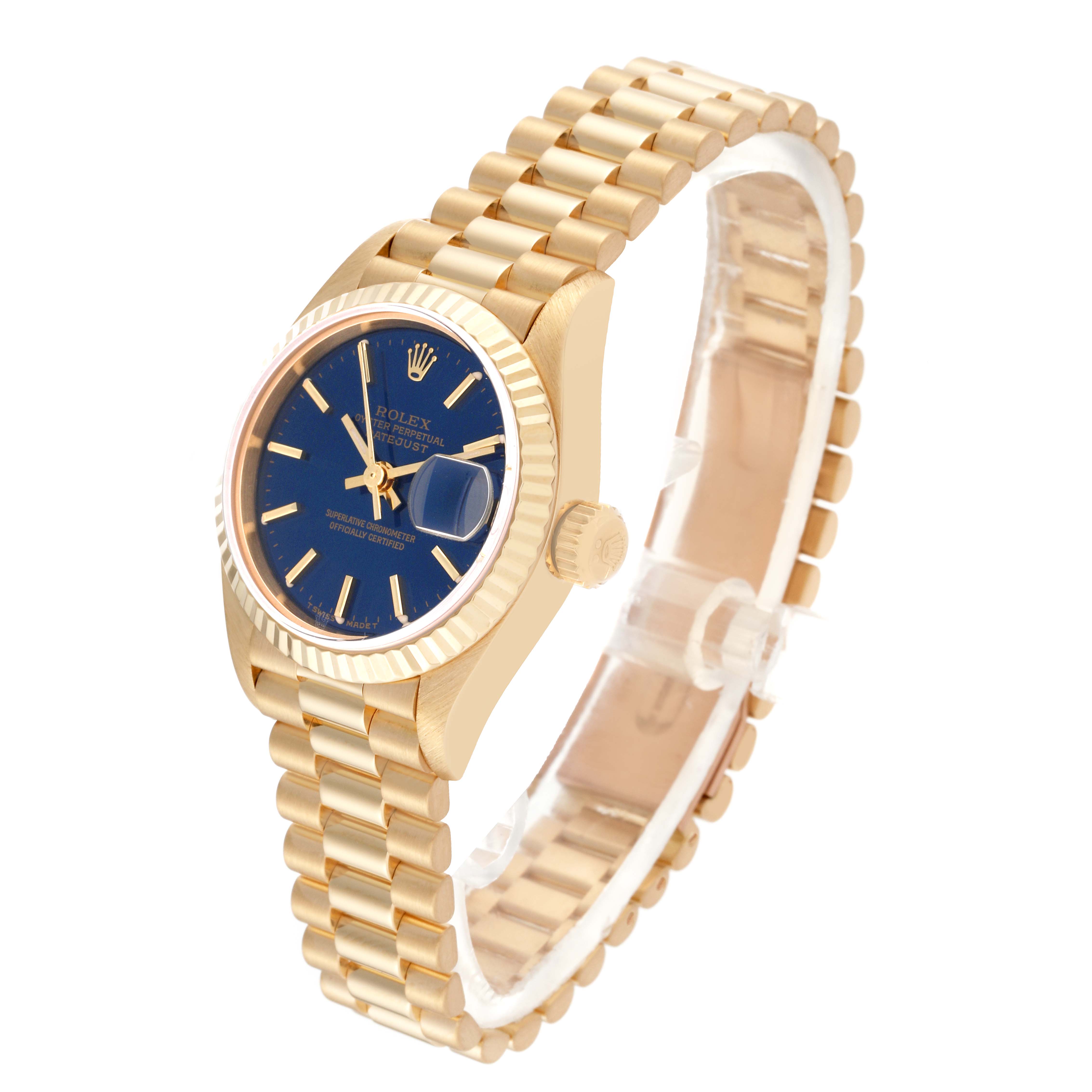 The image shows an angled view of a Rolex President 79178 Women's Yellow Gold Blue Dial 79178 Women's Yellow Gold Blue Dial model watch, highlighting its gold band and blue dial.