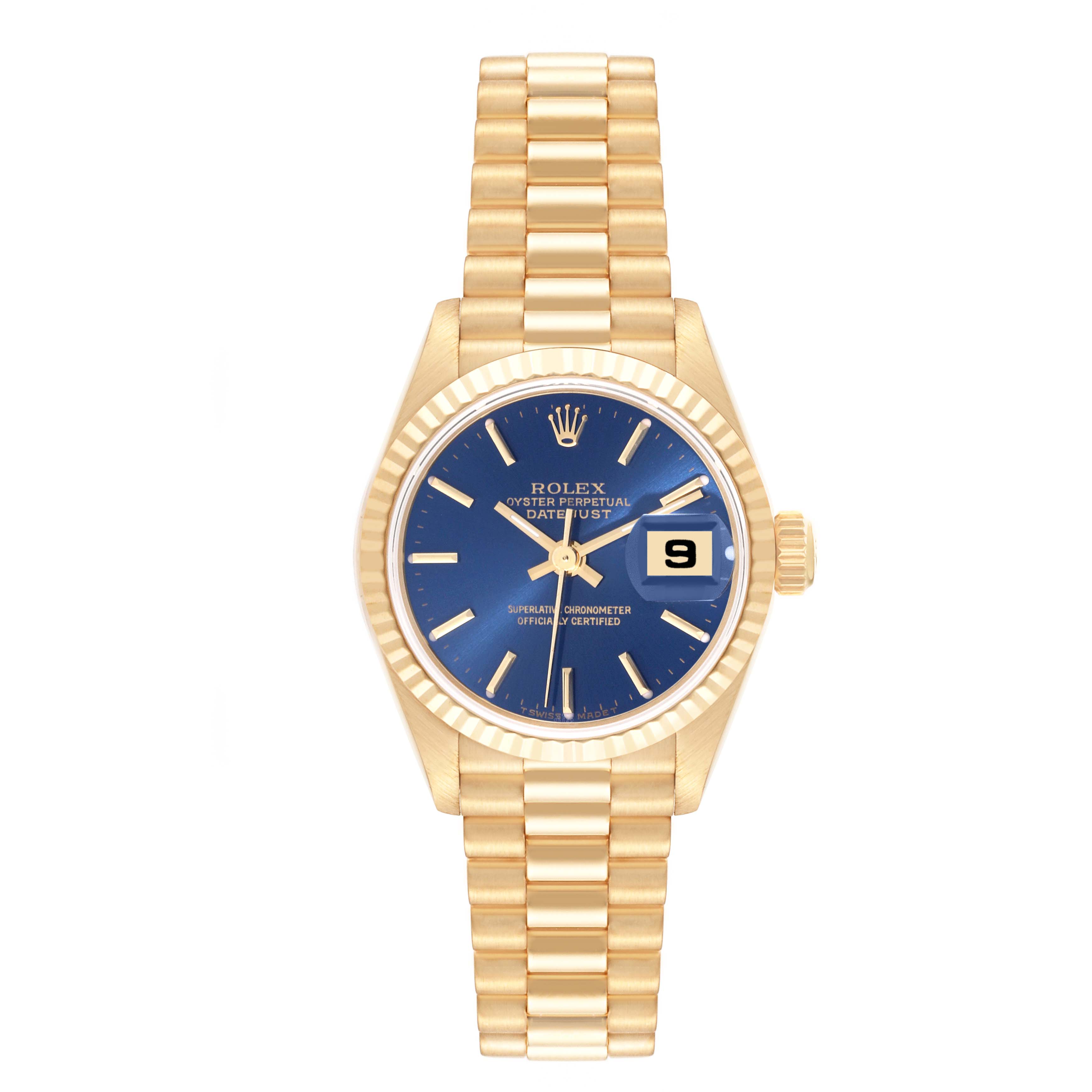 The image shows a frontal view of a Rolex President 79178 Women's Yellow Gold Blue Dial 79178 Women's Yellow Gold Blue Dial model watch, featuring a gold band and a blue dial with a date display.