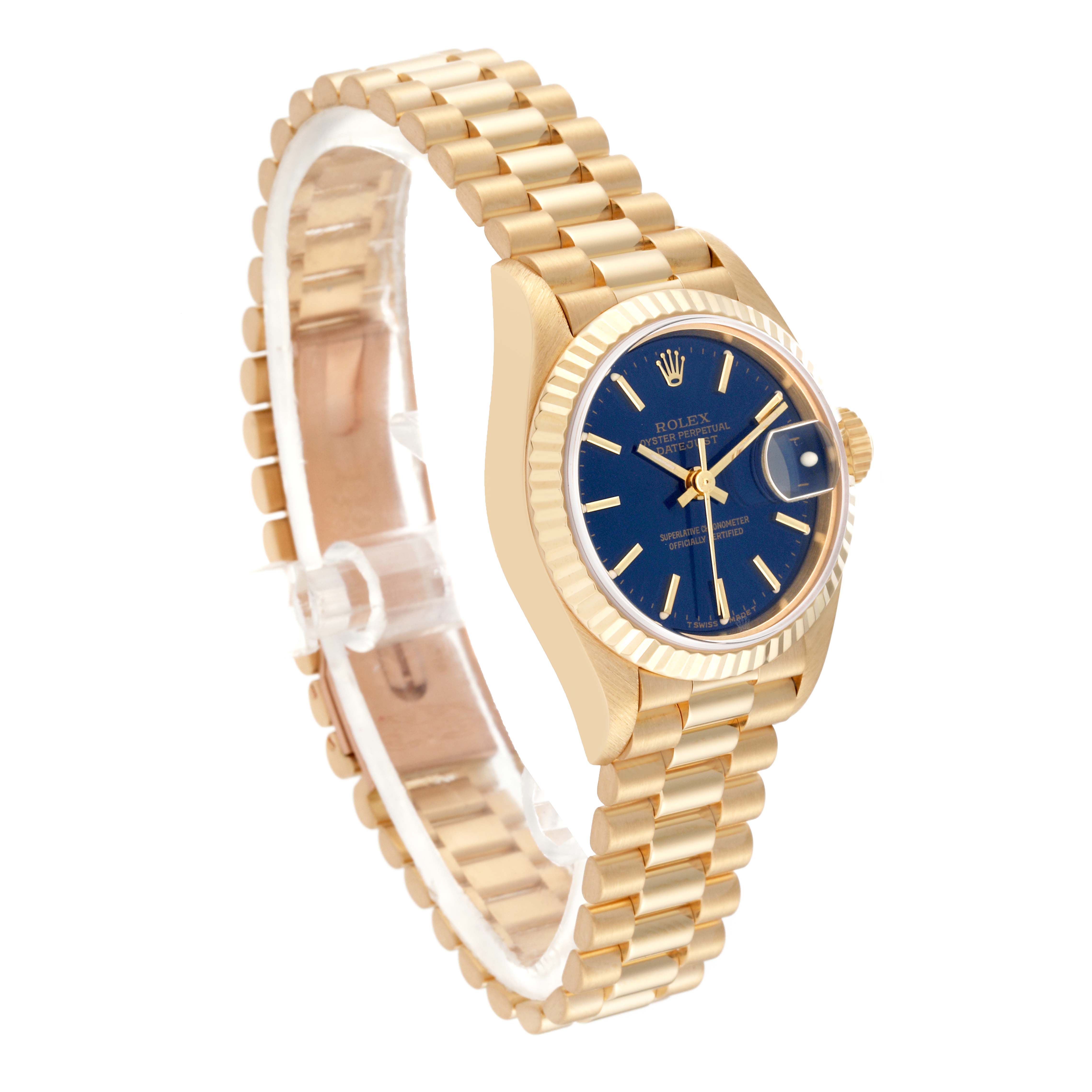 The image shows a Rolex President 79178 Women's Yellow Gold Blue Dial 79178 Women's Yellow Gold Blue Dial model watch in a side angle view, highlighting its gold band, case, and blue dial.