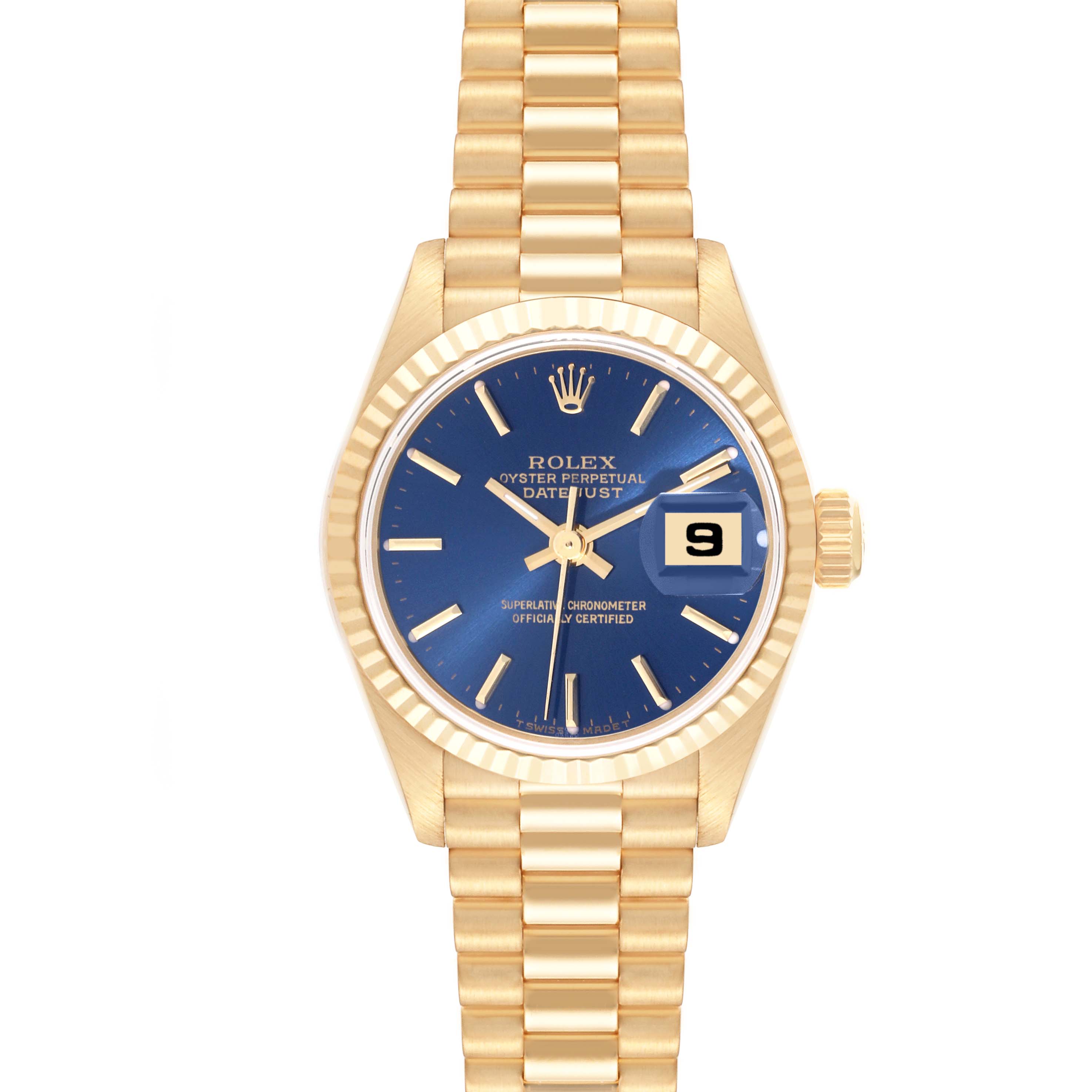 The image shows a front view of a Rolex President 79178 Women's Yellow Gold Blue Dial 79178 Women's Yellow Gold Blue Dial model watch, highlighting its blue dial, fluted bezel, and gold bracelet.
