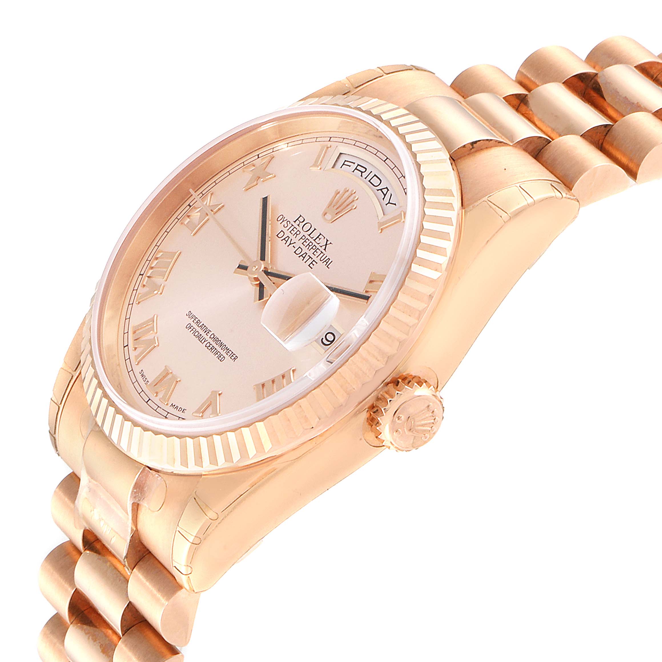 This image shows a side view of a Rolex President 118235 Men's Rose Gold Pink Dial 118235 Men's Rose Gold Pink Dial model watch, focusing on the face, bezel, and part of the bracelet.
