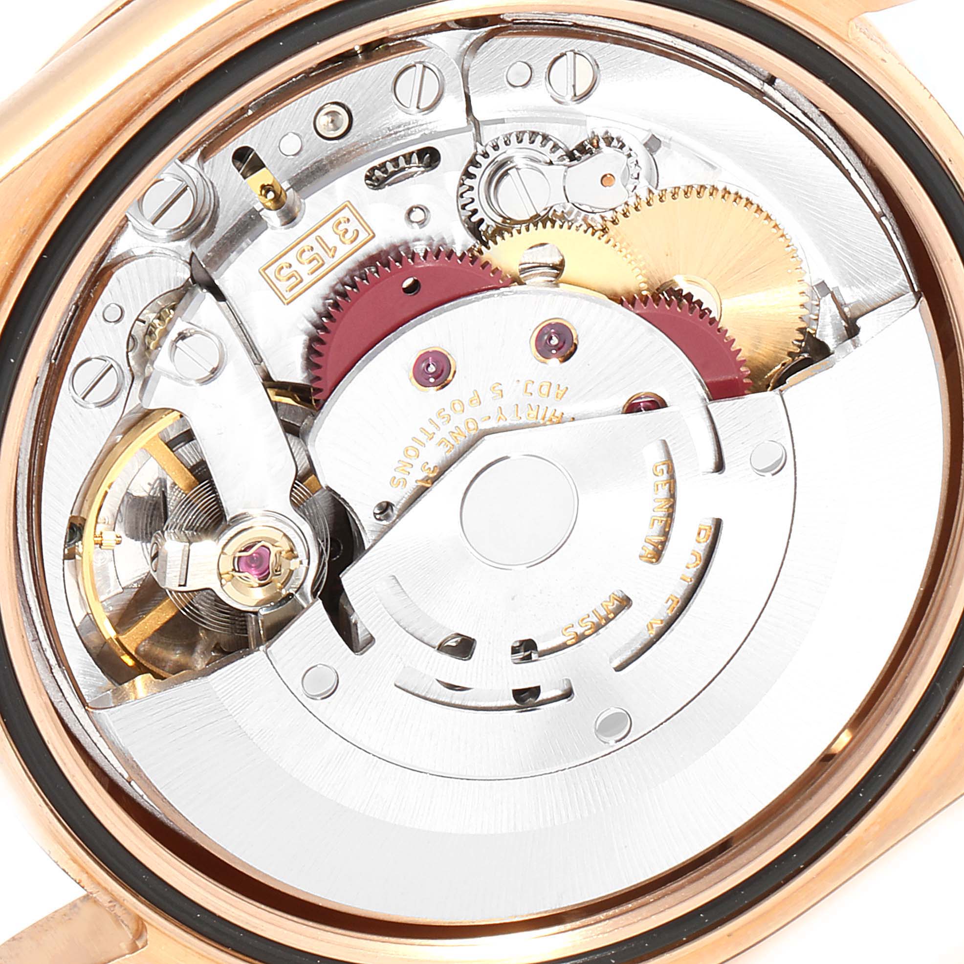 The image shows the internal mechanical movement of a Rolex President 118235 Men's Rose Gold Pink Dial 118235 Men's Rose Gold Pink Dial model watch from the back.