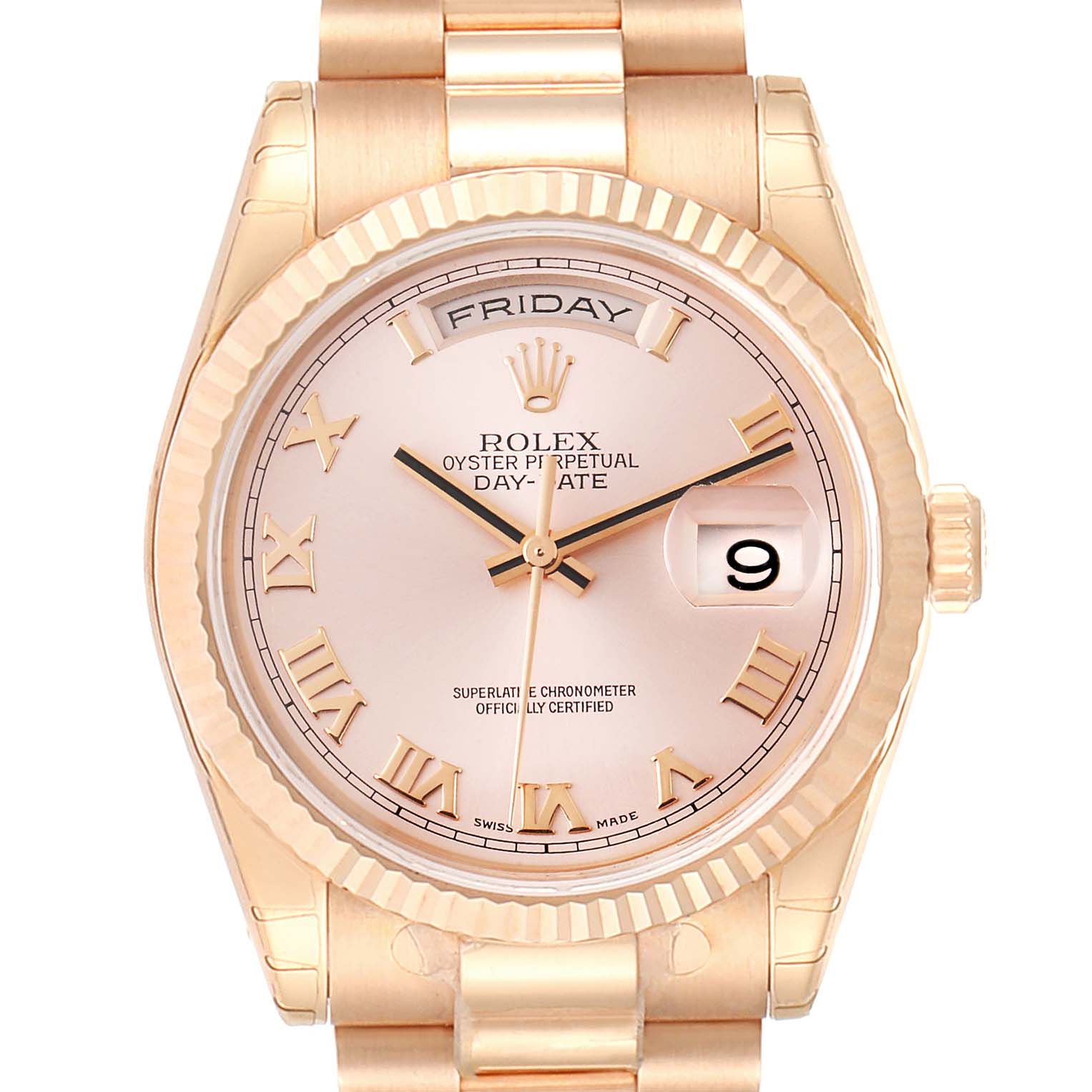 The image shows the front view of a Rolex President 118235 Men's Rose Gold Pink Dial 118235 Men's Rose Gold Pink Dial model watch, highlighting the dial, day-date window, and fluted bezel.