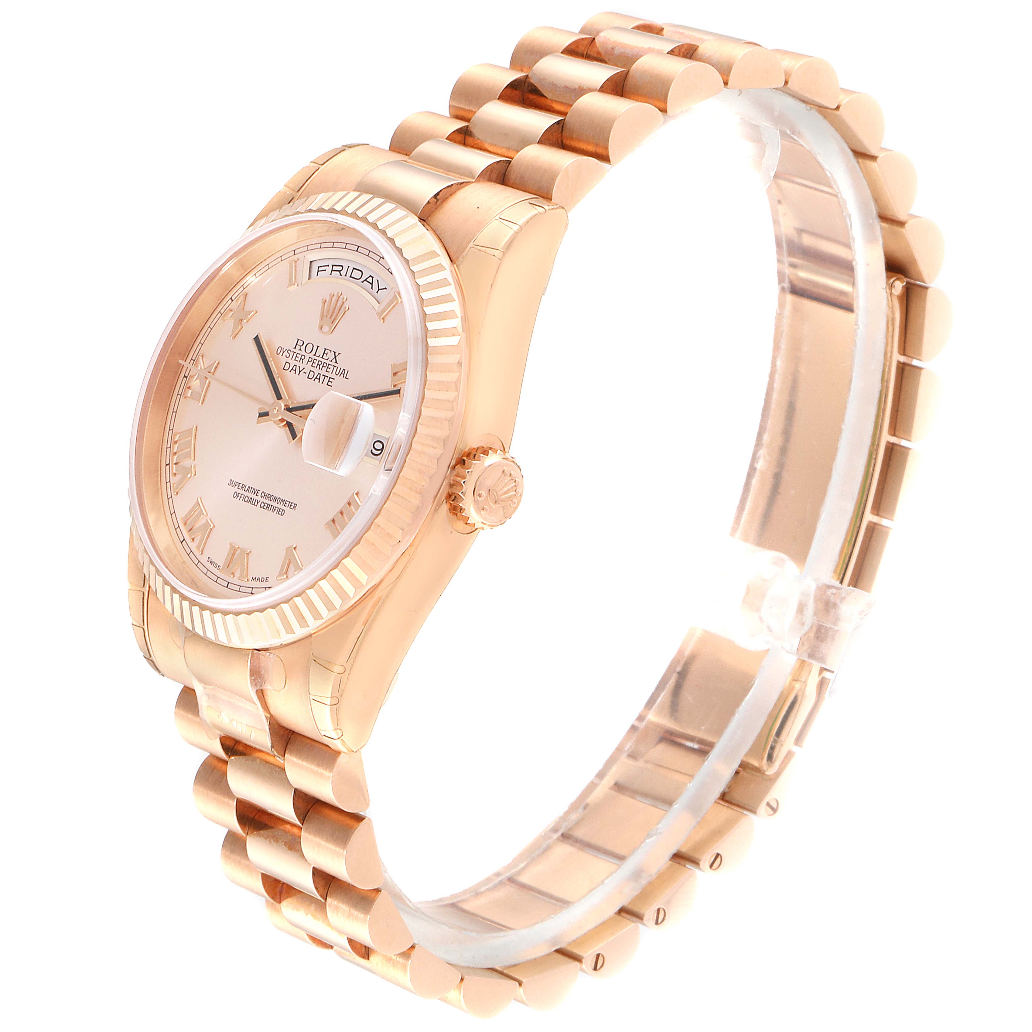 This image shows a Rolex President 118235 Men's Rose Gold Pink Dial 118235 Men's Rose Gold Pink Dial model watch from an angled side view, highlighting the dial, case, crown, and bracelet.