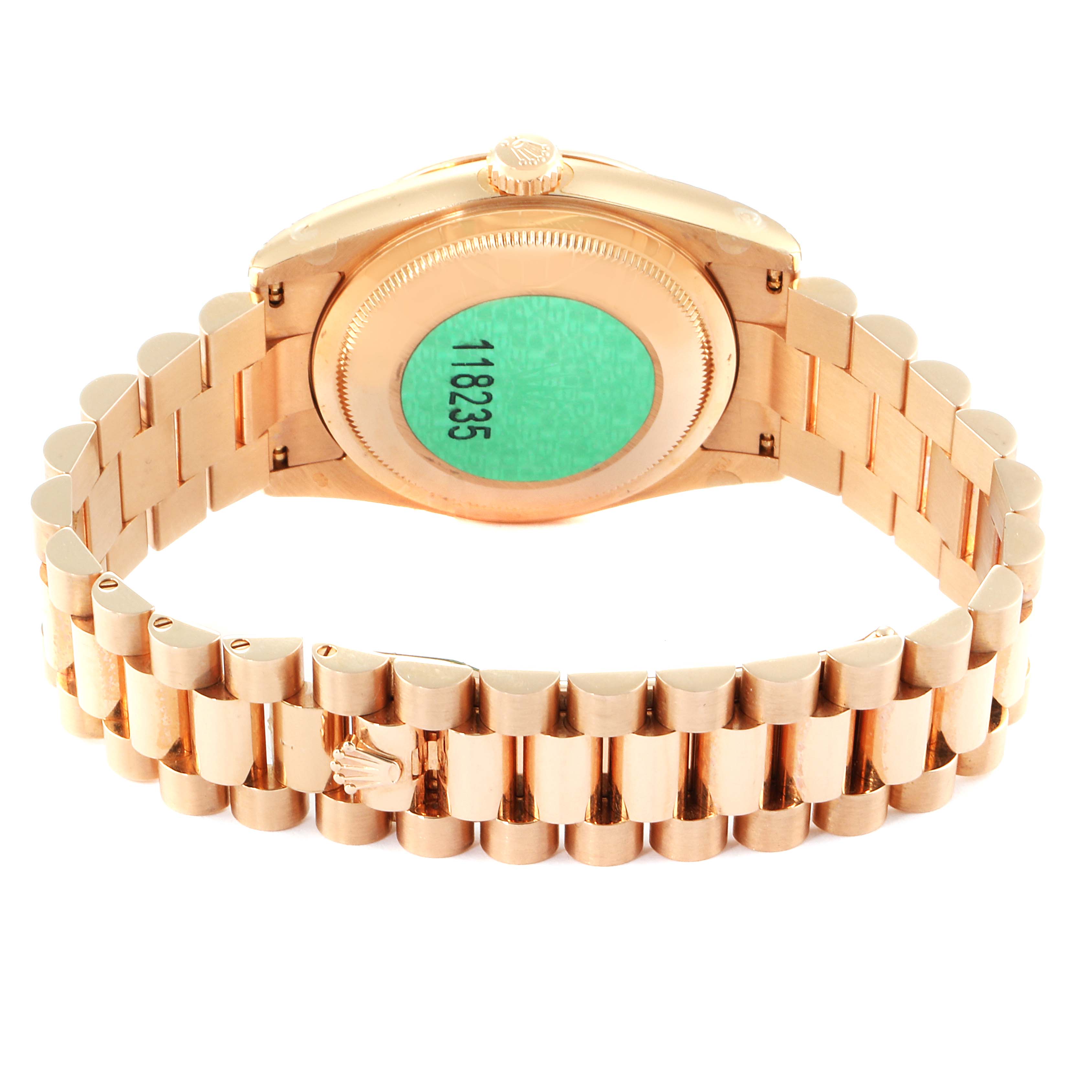 The image shows the back view of a Rolex President 118235 Men's Rose Gold Pink Dial 118235 Men's Rose Gold Pink Dial model watch, highlighting the bracelet and case back.