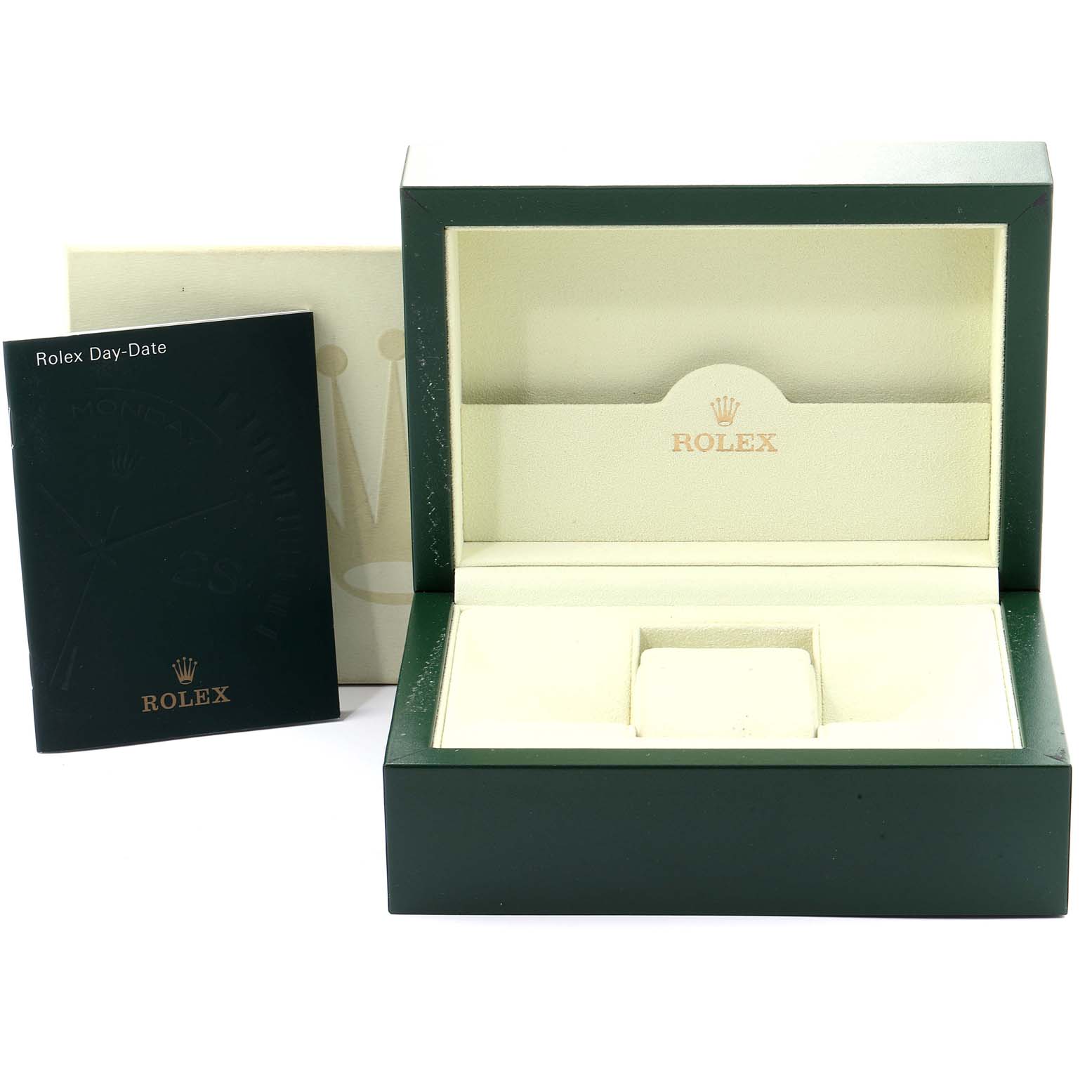 The image shows an empty Rolex President 118235 Men's Rose Gold Pink Dial 118235 Men's Rose Gold Pink Dial watch box alongside a Rolex Day-Date booklet.