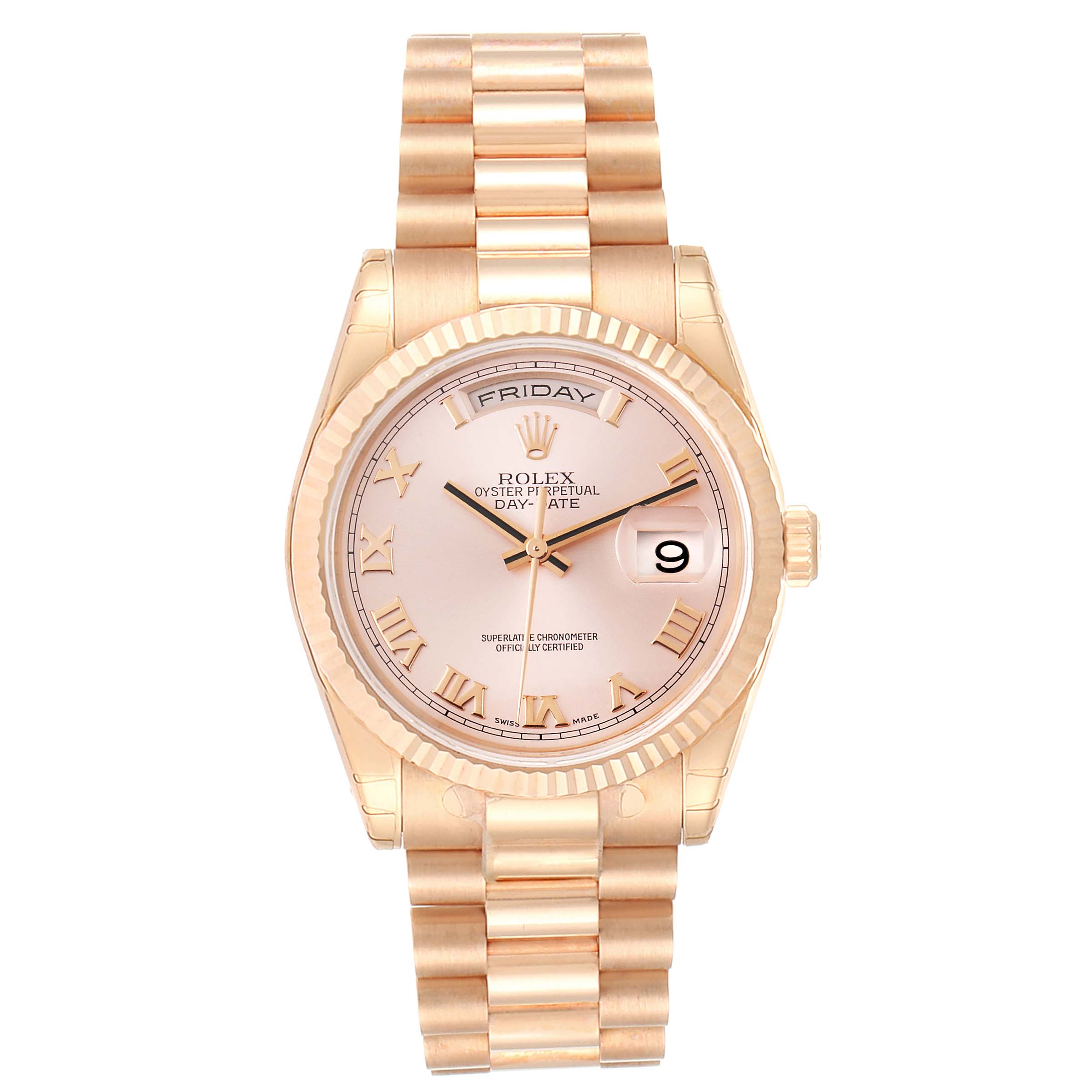 The image shows a full frontal view of the Rolex President 118235 Men's Rose Gold Pink Dial 118235 Men's Rose Gold Pink Dial model watch, featuring its face, bezel, crown, and bracelet.