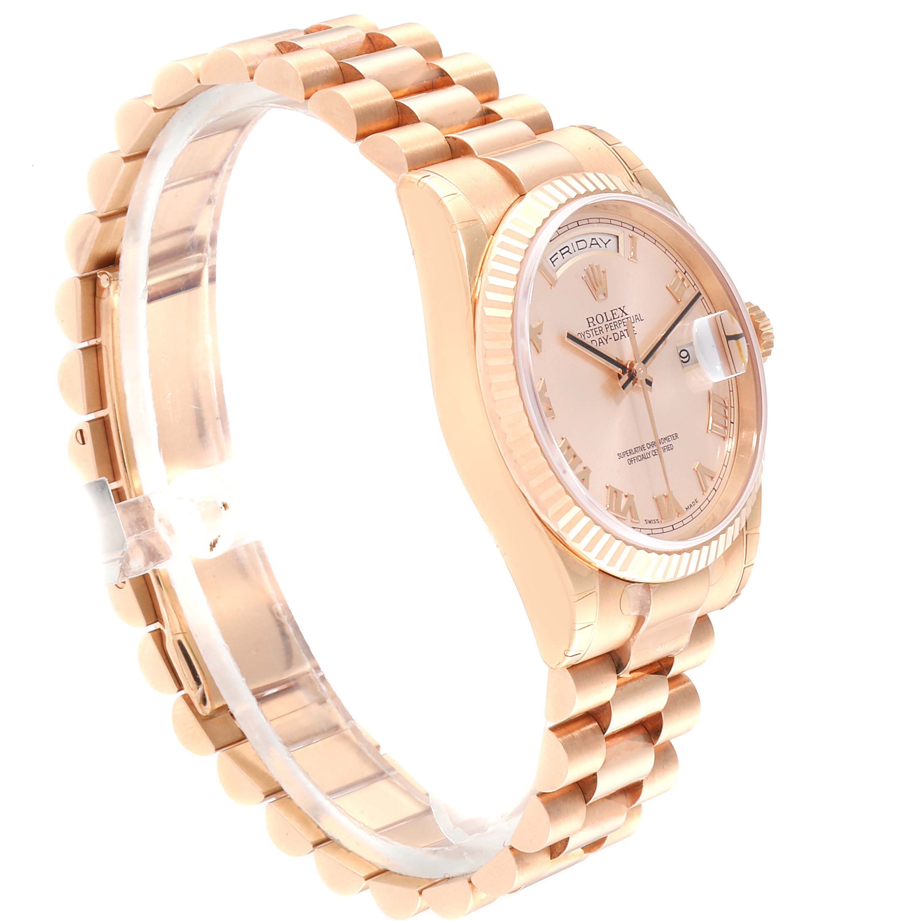 The image shows a side angle of the Rolex President 118235 Men's Rose Gold Pink Dial 118235 Men's Rose Gold Pink Dial model watch, highlighting the bracelet, case, bezel, and dial.