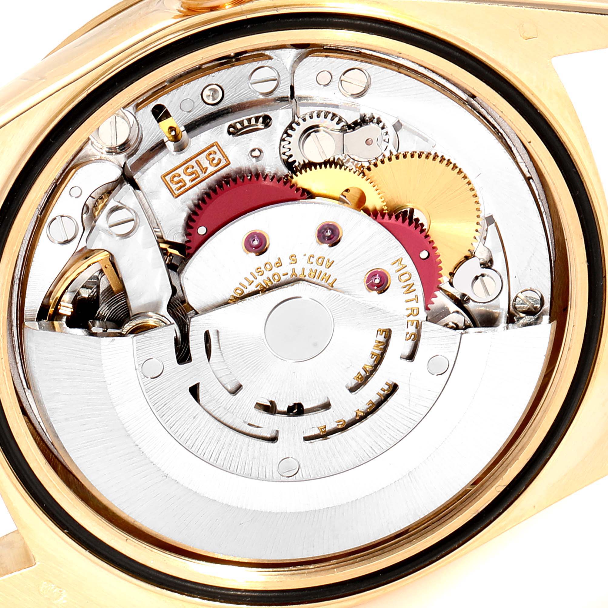 This image shows the internal movement mechanism of a Rolex President 18238 Men
s Yellow Gold White Dial 18238 Men
s Yellow Gold White Dial model watch from a back angle.