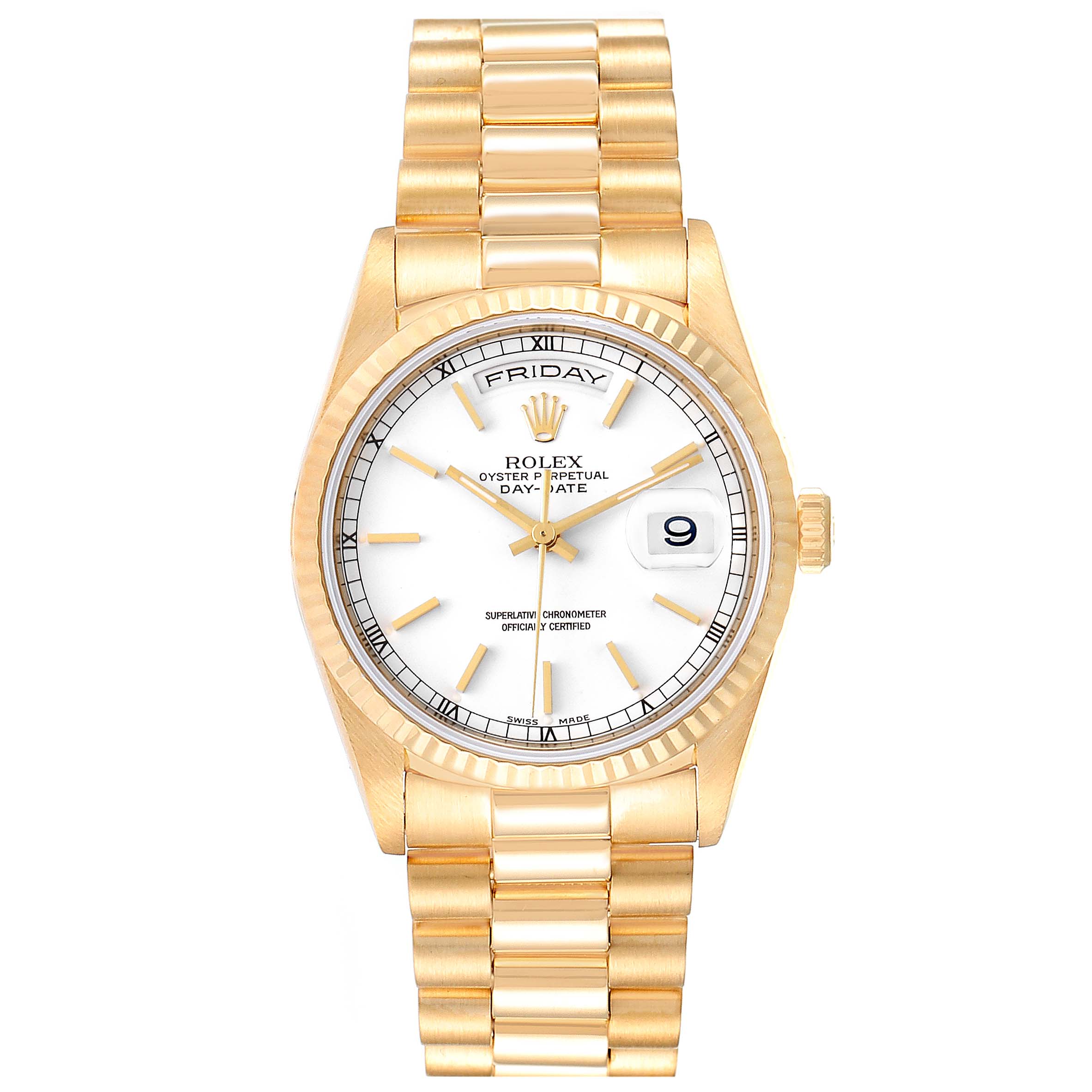 The image shows a frontal view of the Rolex President 18238 Men
s Yellow Gold White Dial 18238 Men
s Yellow Gold White Dial model watch, highlighting its gold bracelet, white dial, and day-date function.