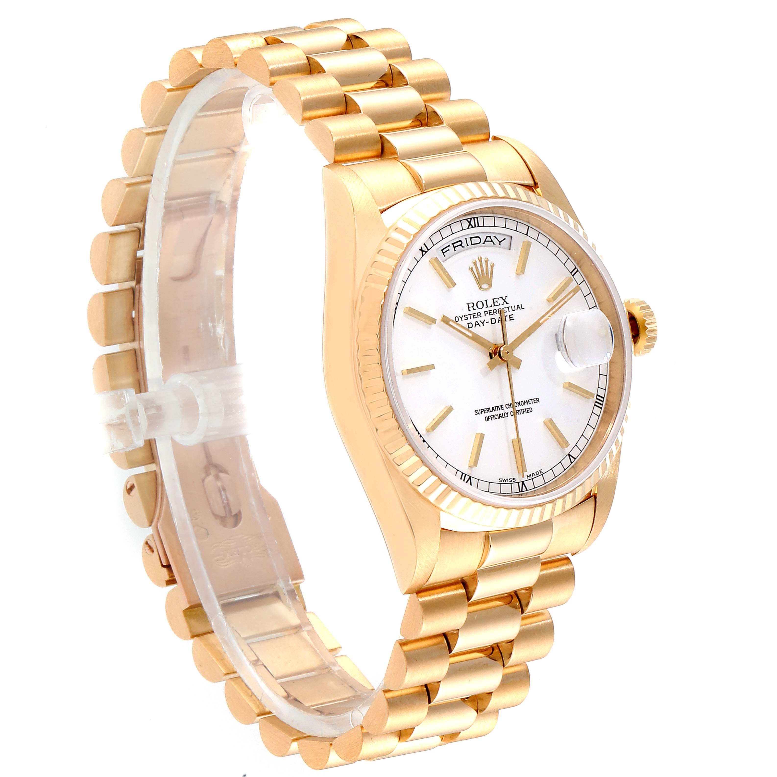 This image shows a Rolex President 18238 Men
s Yellow Gold White Dial 18238 Men
s Yellow Gold White Dial model watch at an oblique angle, highlighting the gold bracelet, bezel, and white dial.