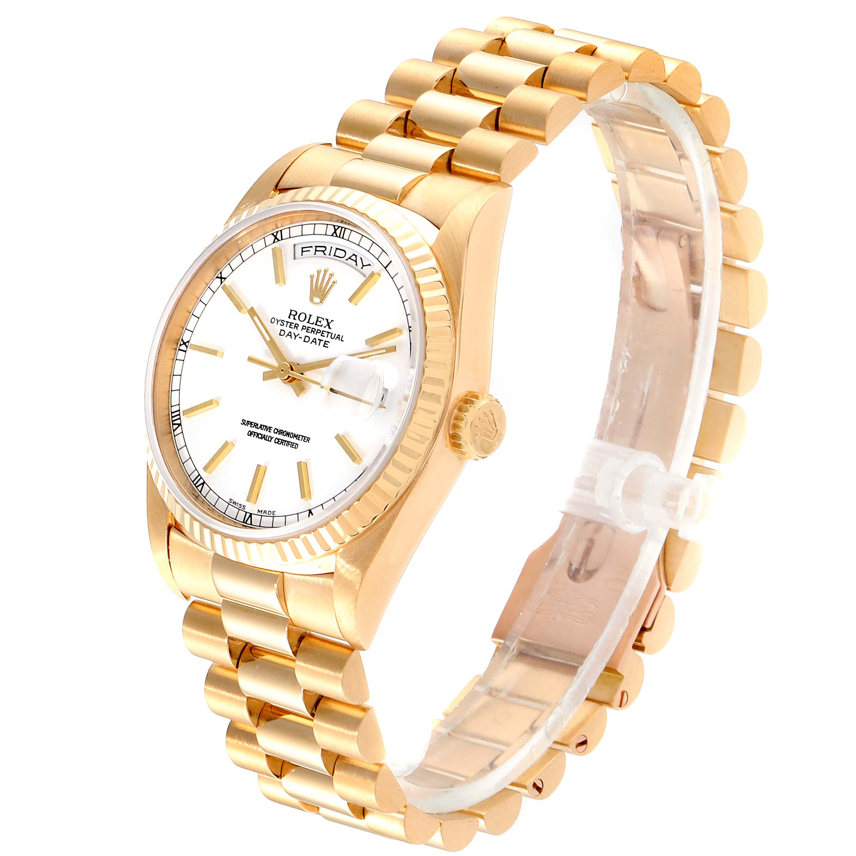 The image shows a Rolex President 18238 Men
s Yellow Gold White Dial 18238 Men
s Yellow Gold White Dial model watch viewed from a three-quarter angle, highlighting the gold band, crown, and face.