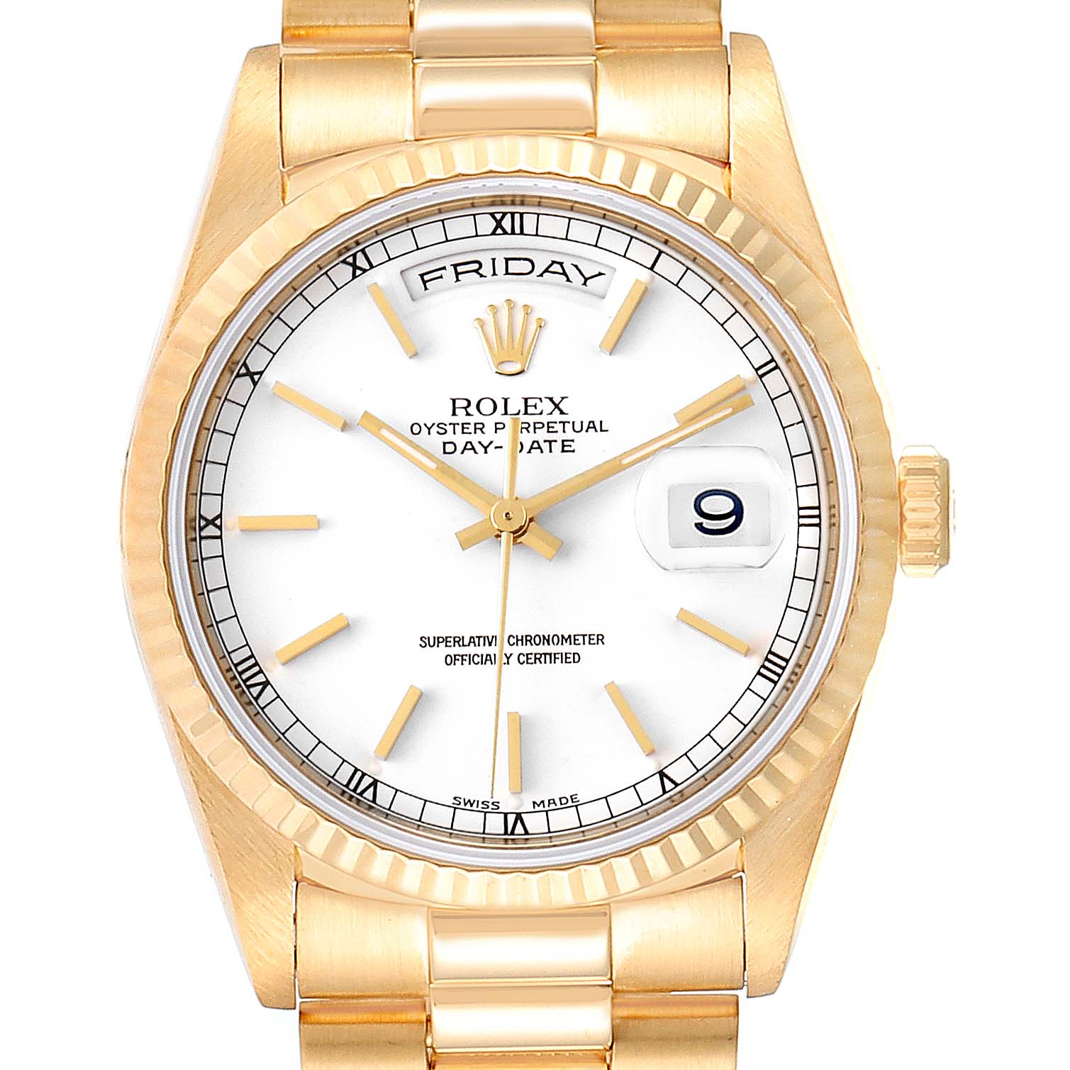 The image shows a front view of the Rolex President 18238 Men
s Yellow Gold White Dial 18238 Men
s Yellow Gold White Dial model with the face, band, bezel, and crown visible.