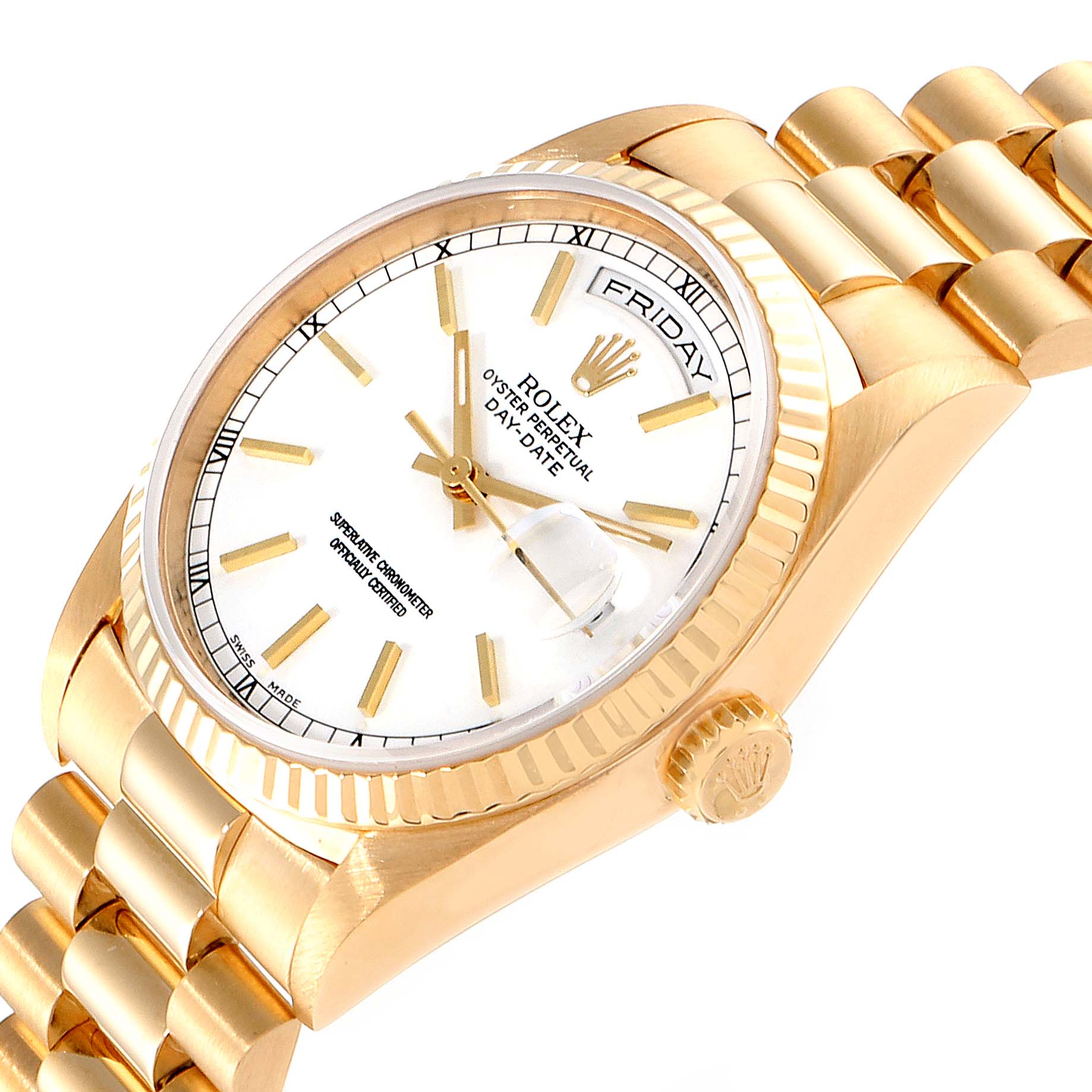 The image shows a Rolex President 18238 Men
s Yellow Gold White Dial 18238 Men
s Yellow Gold White Dial model watch from an oblique angle, highlighting the dial, crown, and part of the bracelet.
