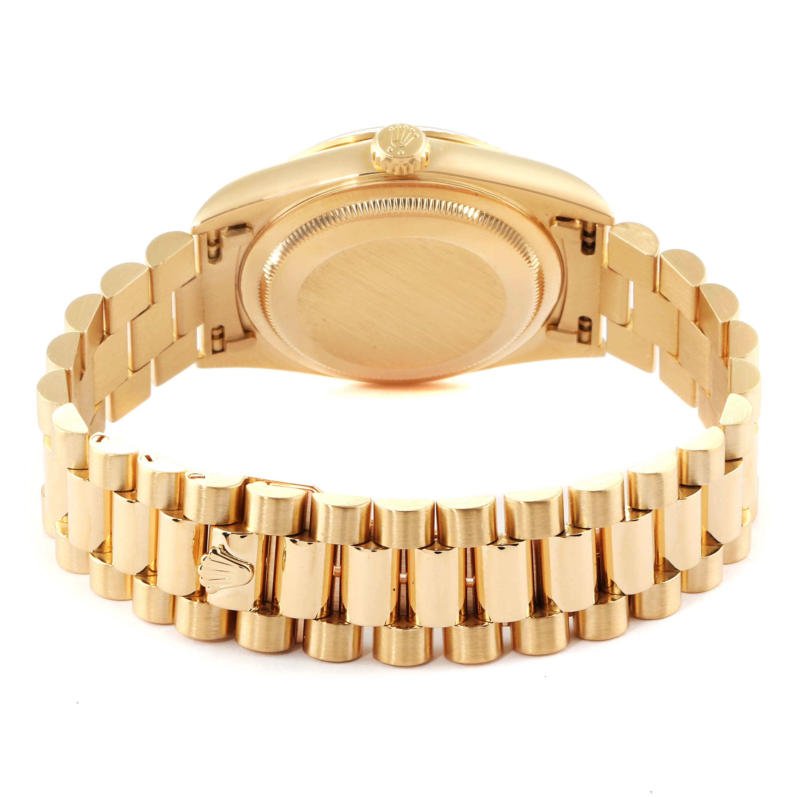 The image shows the back view and bracelet of a Rolex President 18238 Men
s Yellow Gold White Dial 18238 Men
s Yellow Gold White Dial model watch in gold.