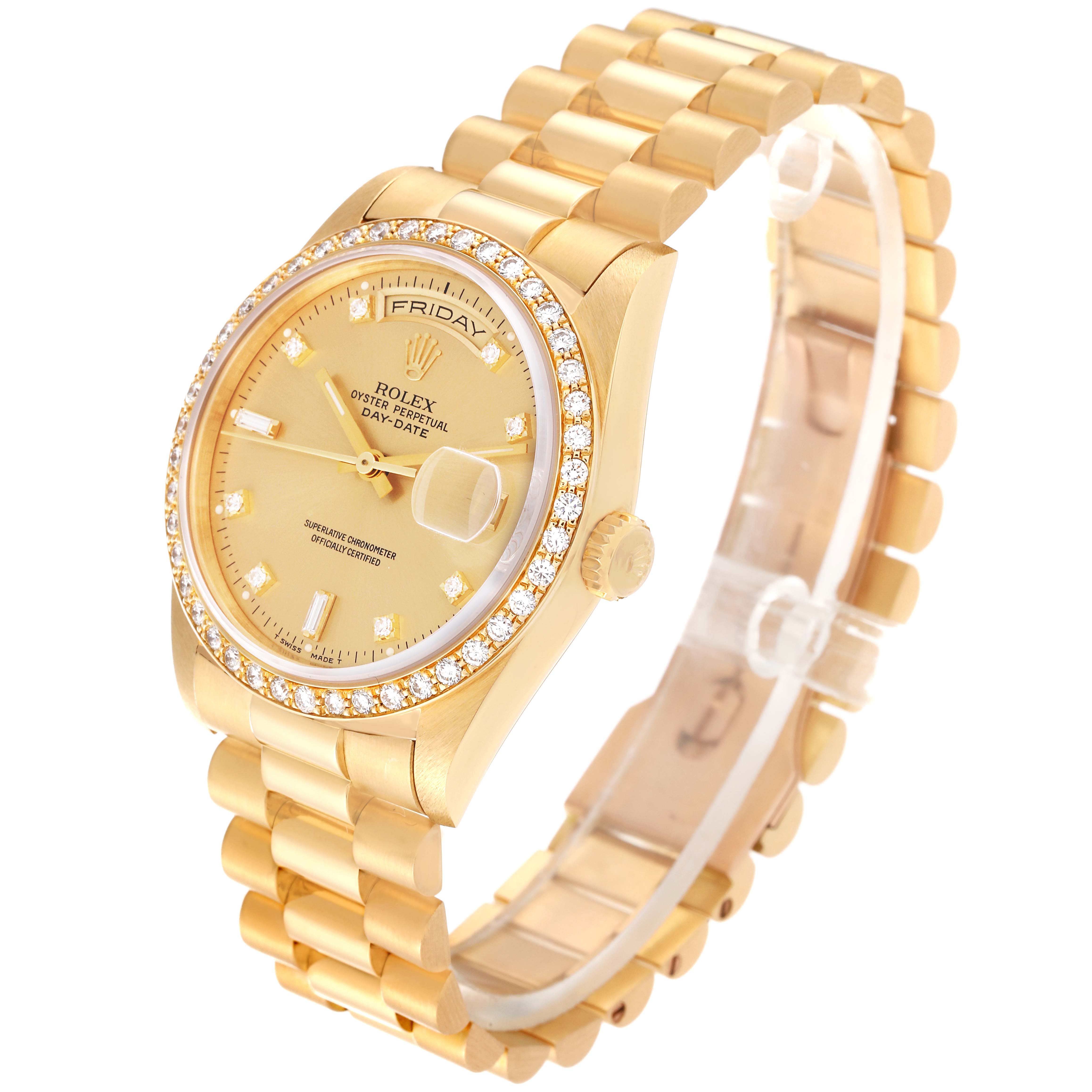 The Rolex President 18348 Men
s Yellow Gold Champagne Dial 18348 Men
s Yellow Gold Champagne Dial model watch is shown at a slight angle, highlighting the gold bracelet, diamond bezel, and face with day and date indicators.