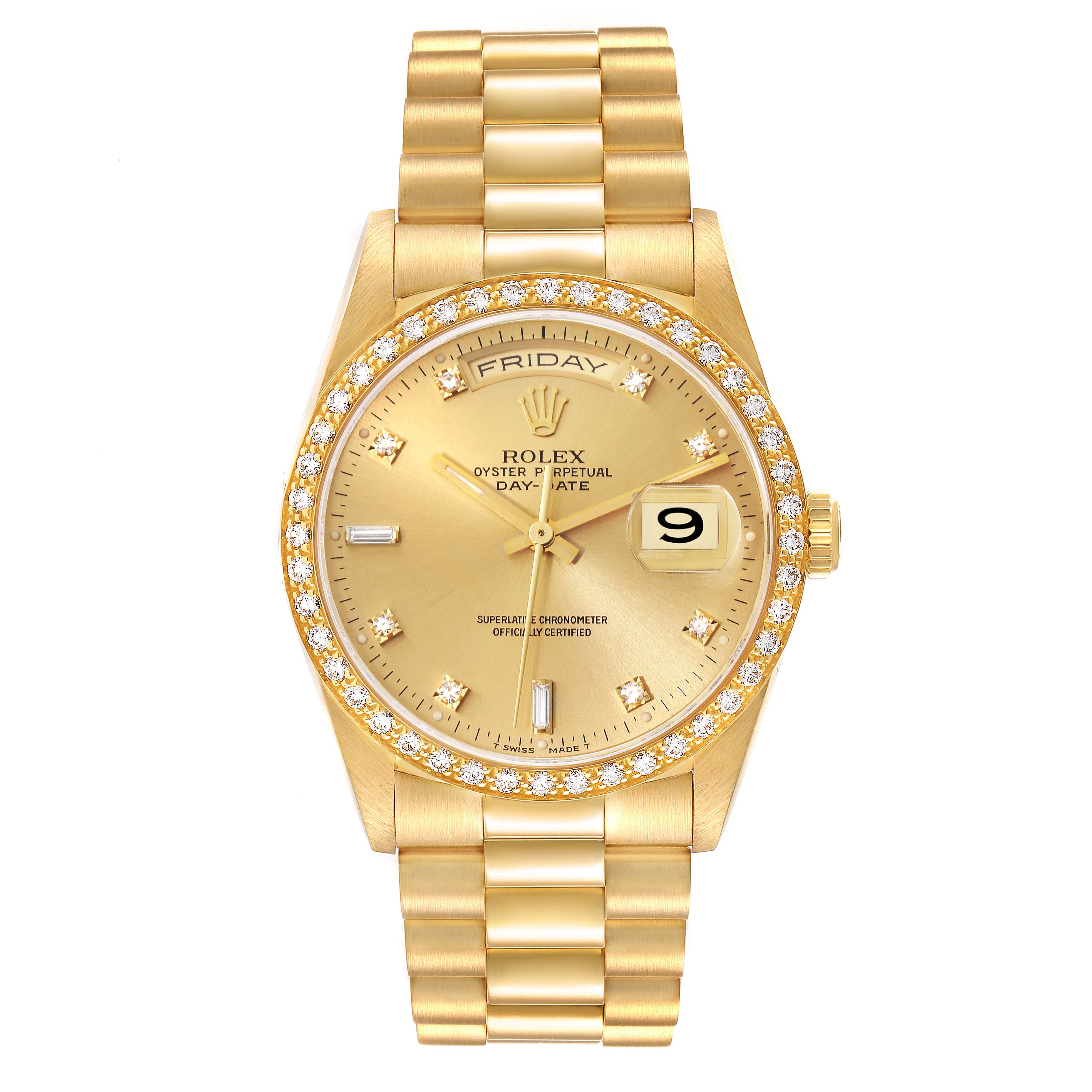 The image shows a front view of a Rolex President 18348 Men
s Yellow Gold Champagne Dial 18348 Men
s Yellow Gold Champagne Dial model watch, featuring a gold band, diamond bezel, and day-date display.