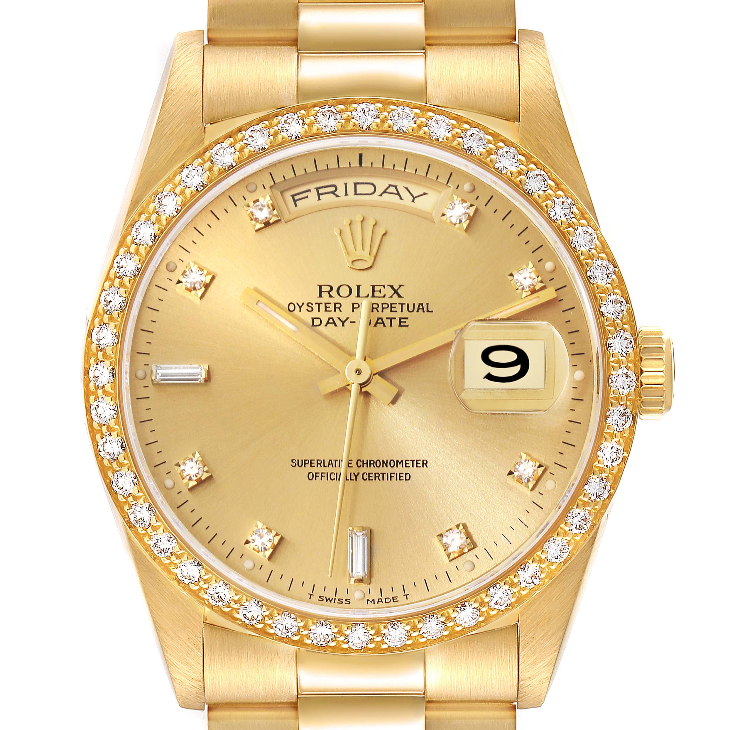 This image shows a front view of a Rolex President 18348 Men
s Yellow Gold Champagne Dial 18348 Men
s Yellow Gold Champagne Dial model watch, highlighting its gold dial, diamond-set bezel, day-date display, and gold bracelet.