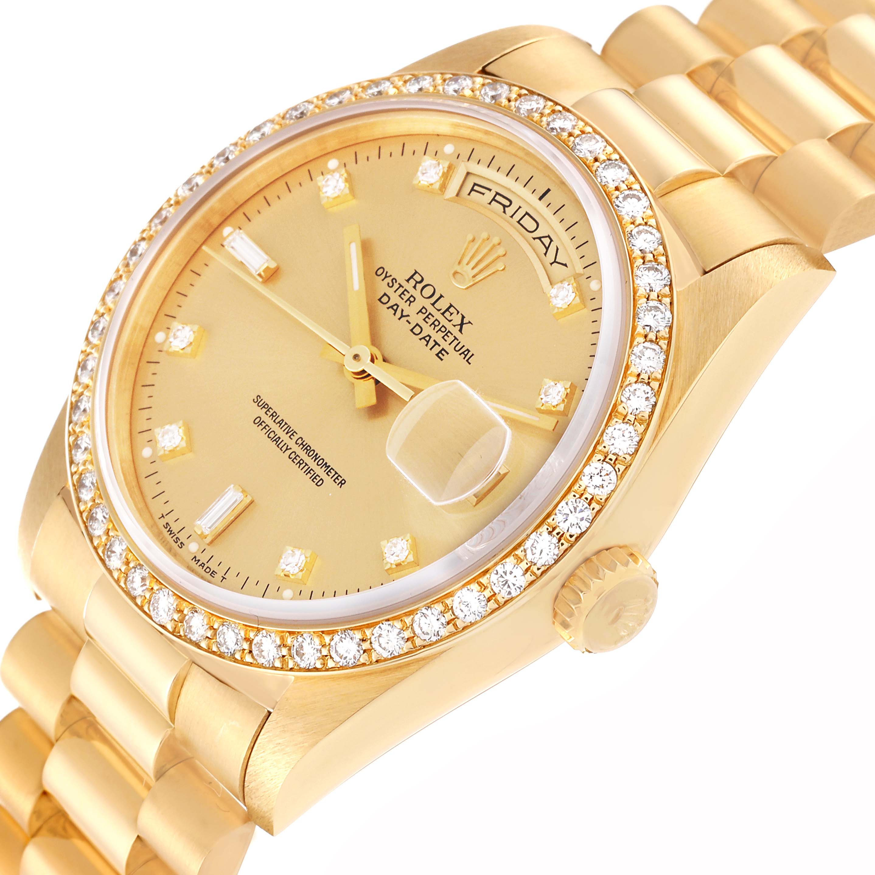 The image shows a close-up of a gold Rolex President 18348 Men
s Yellow Gold Champagne Dial 18348 Men
s Yellow Gold Champagne Dial model watch, highlighting its dial, crystal, bezel, crown, and bracelet.
