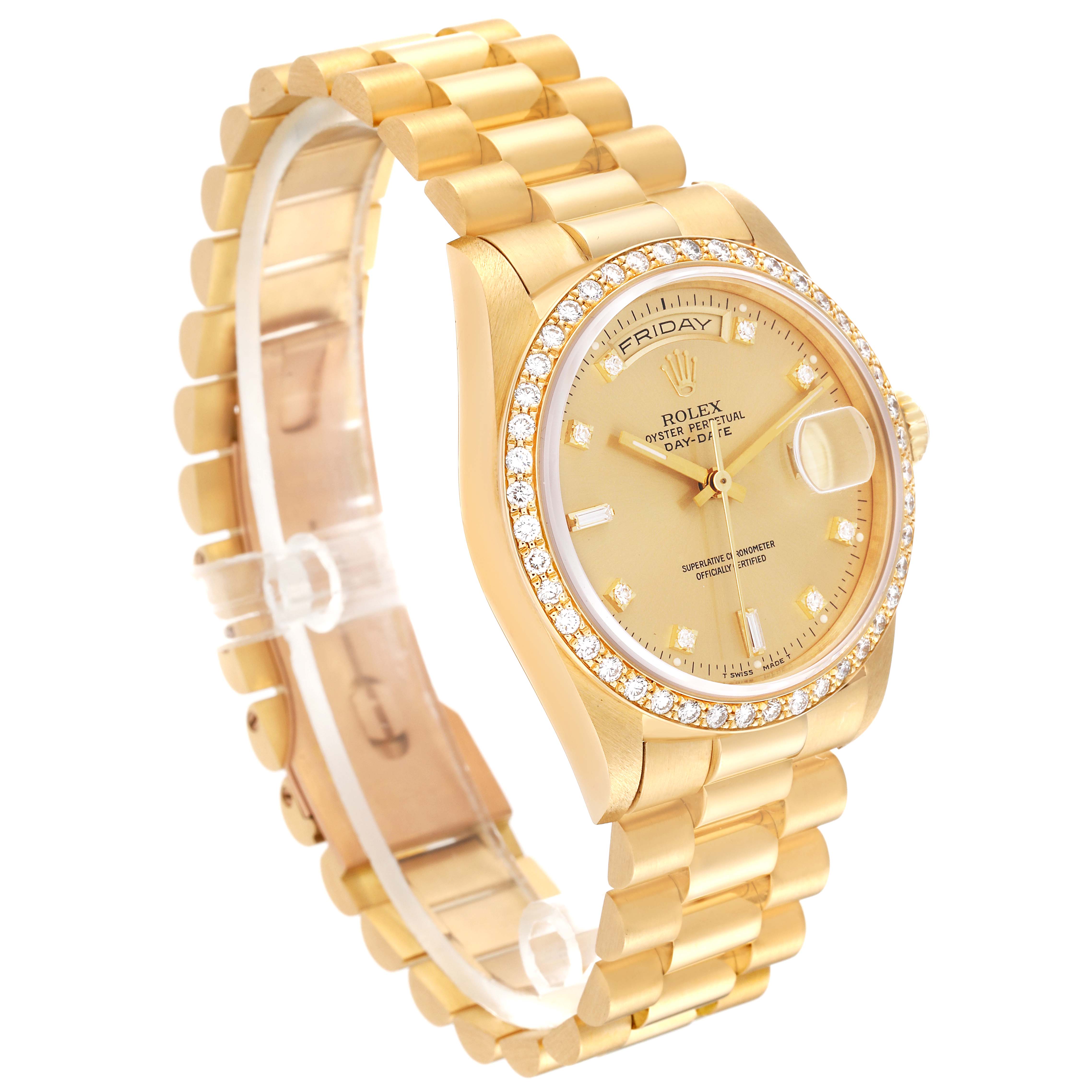 The image shows a Rolex President 18348 Men
s Yellow Gold Champagne Dial 18348 Men
s Yellow Gold Champagne Dial model watch at a three-quarter angle, highlighting the gold case, band, and diamond-set bezel.