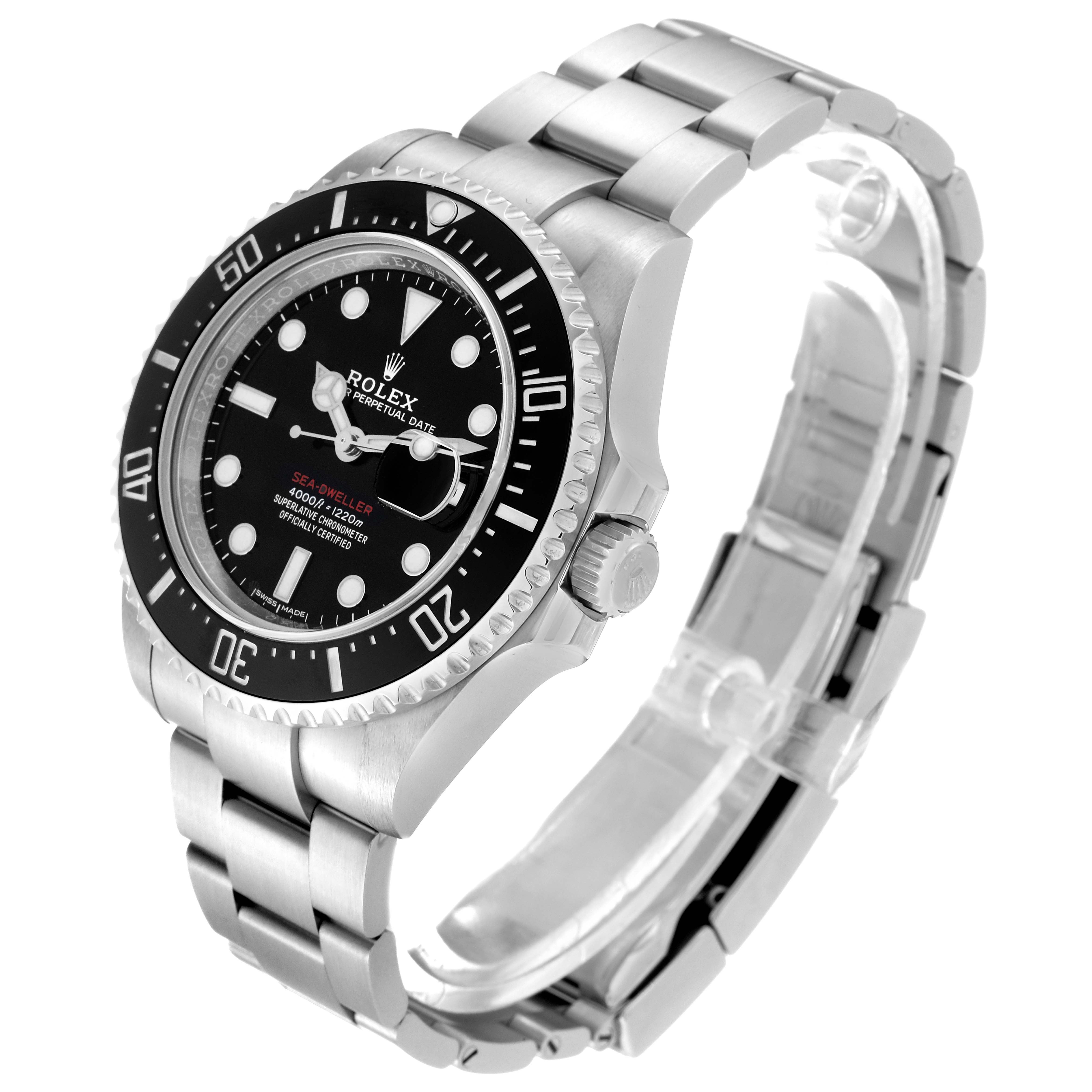 The image shows a side angle of the Rolex Sea-Dweller 126600 Men
s Stainless Steel Black Dial 126600 Men
s Stainless Steel Black Dial watch, highlighting the face, bezel, and metal bracelet.