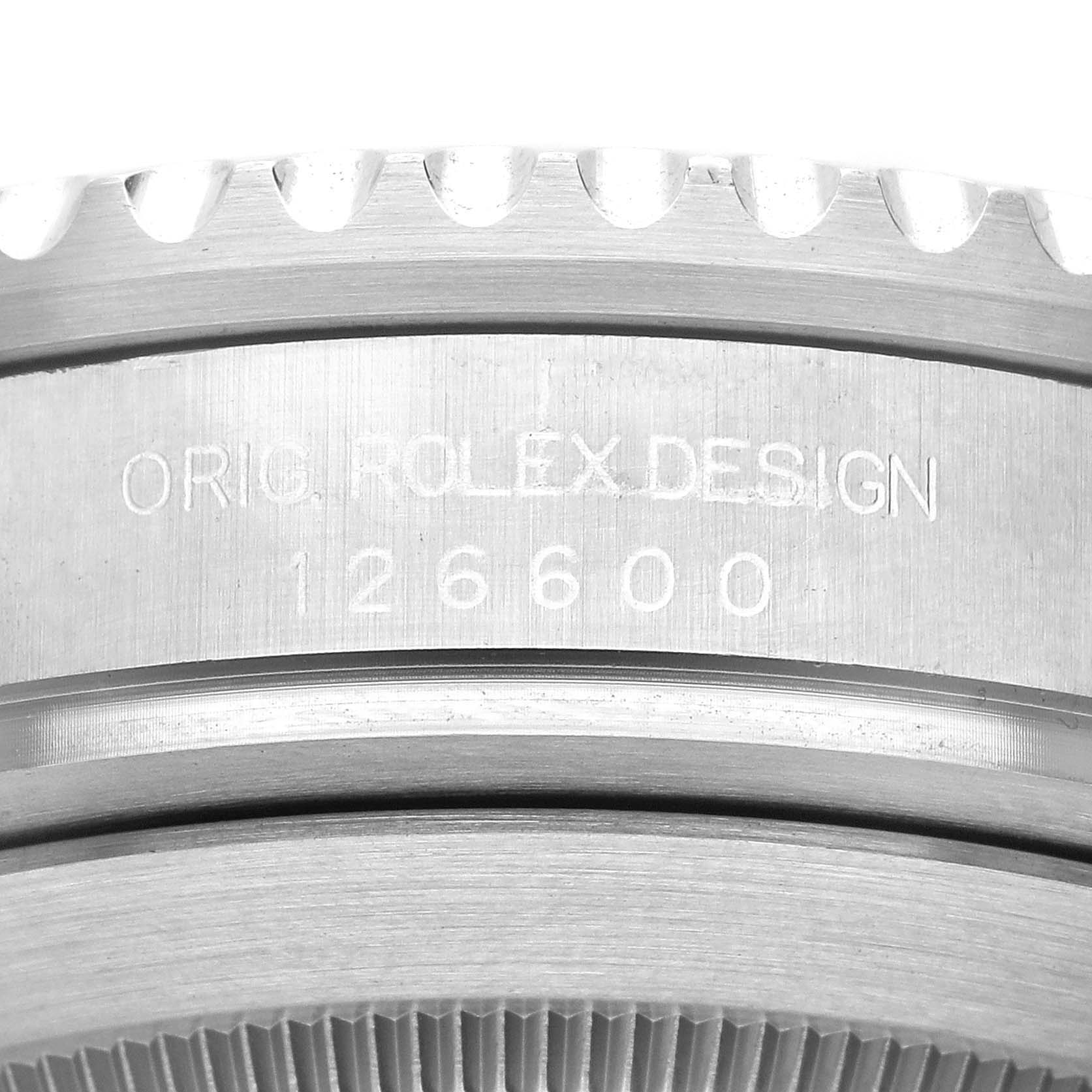 This image shows a close-up of the side case engraving on the Rolex Sea-Dweller 126600 Men
s Stainless Steel Black Dial 126600 Men
s Stainless Steel Black Dial 126600 model.