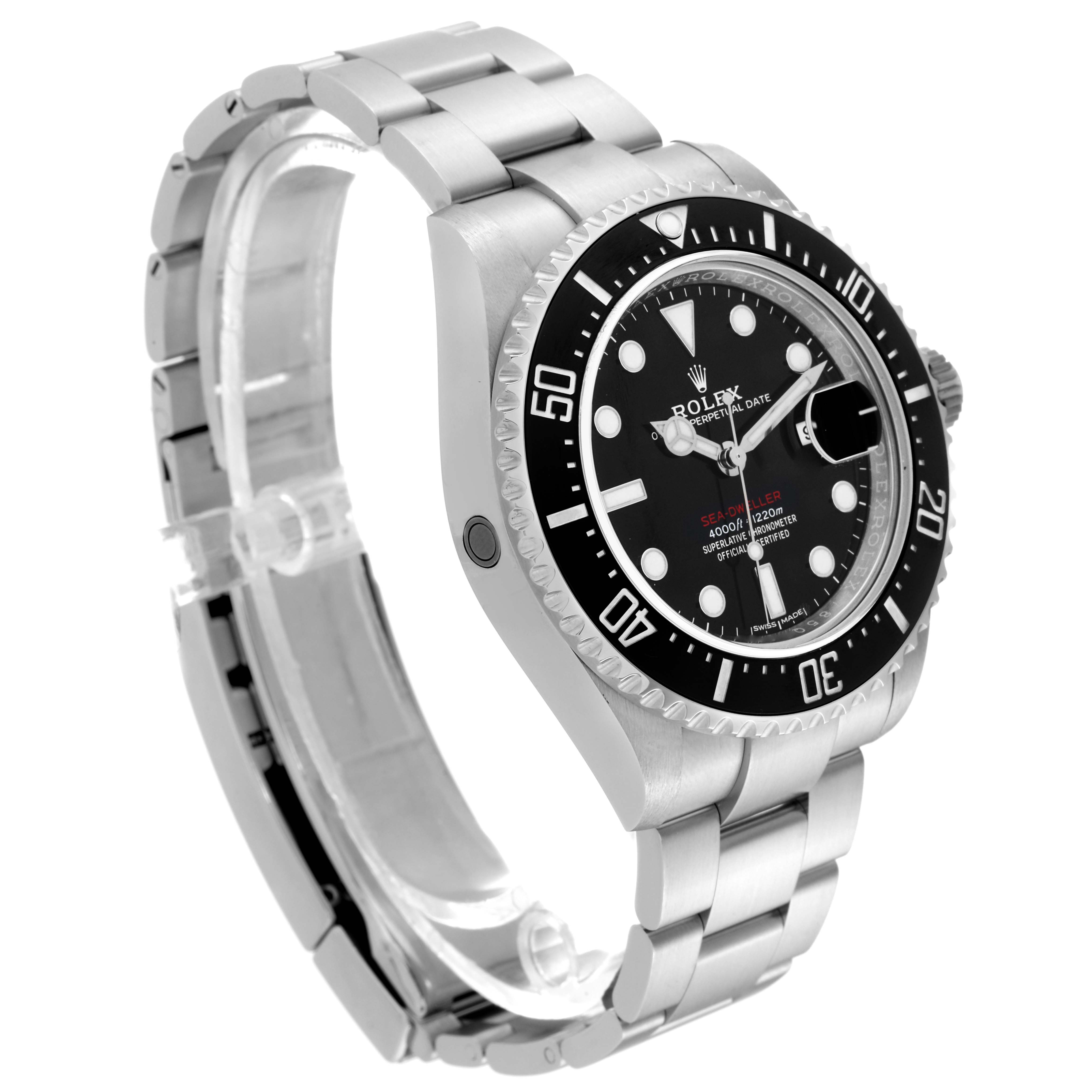 The image shows a side angle of the Rolex Sea-Dweller 126600 Men
s Stainless Steel Black Dial 126600 Men
s Stainless Steel Black Dial watch, highlighting its face, bezel, and stainless steel bracelet.