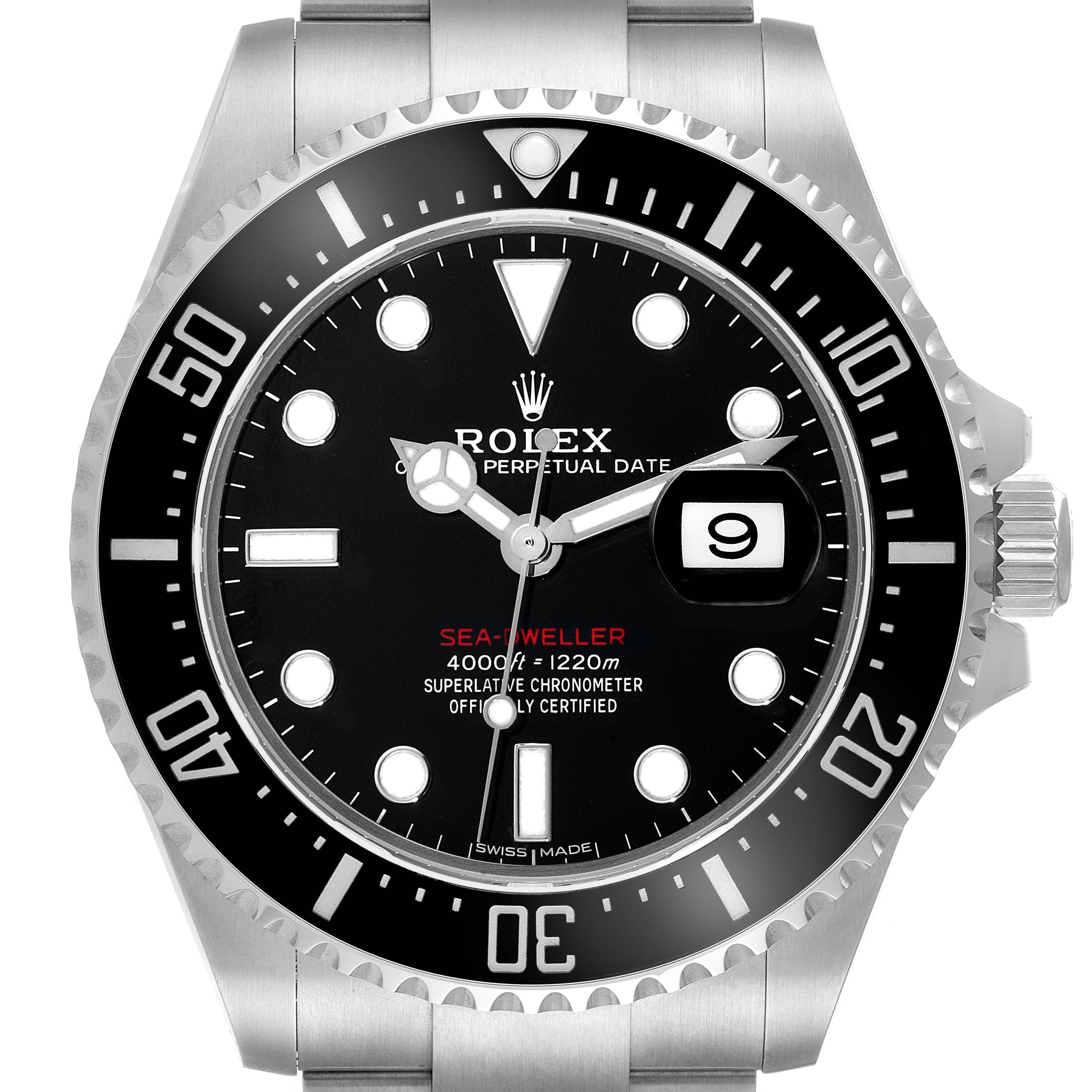 The image shows a frontal view of the Rolex Sea-Dweller 126600 Men
s Stainless Steel Black Dial 126600 Men
s Stainless Steel Black Dial watch, displaying its dial, bezel, and part of the bracelet.