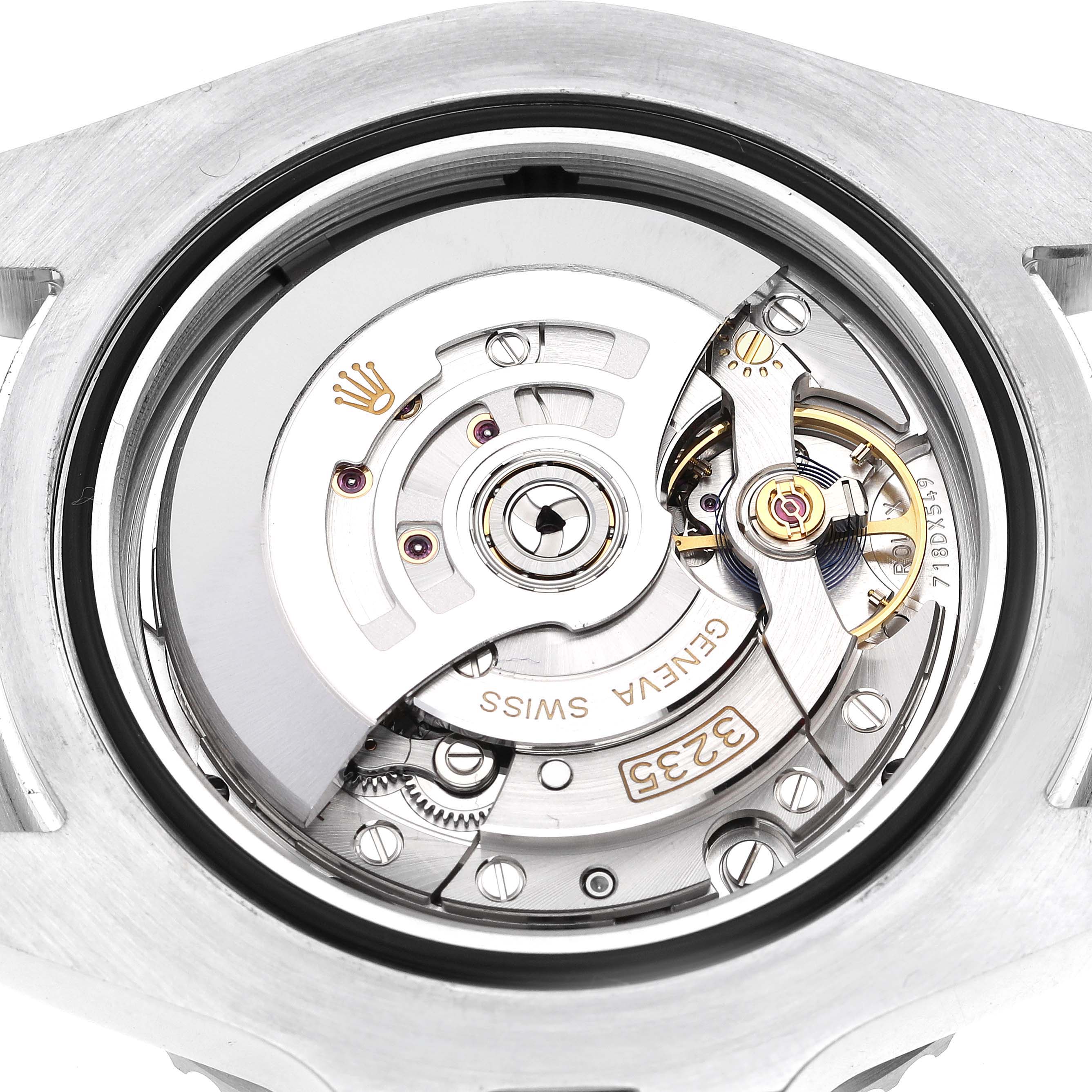 This image shows a close-up view of the movement mechanism of a Rolex Sea-Dweller 126600 Men
s Stainless Steel Black Dial 126600 Men
s Stainless Steel Black Dial watch.